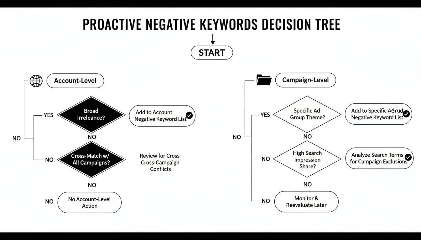 A decision tree flowchart for proactively managing negative keywords in Google Ads at account and campaign levels.