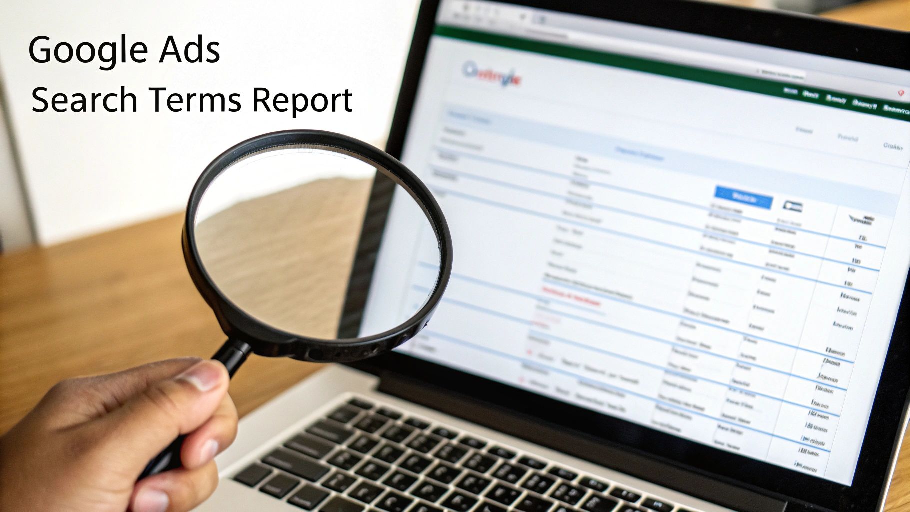 A hand holding a magnifying glass over a laptop screen displaying a Google Ads Search Terms Report.