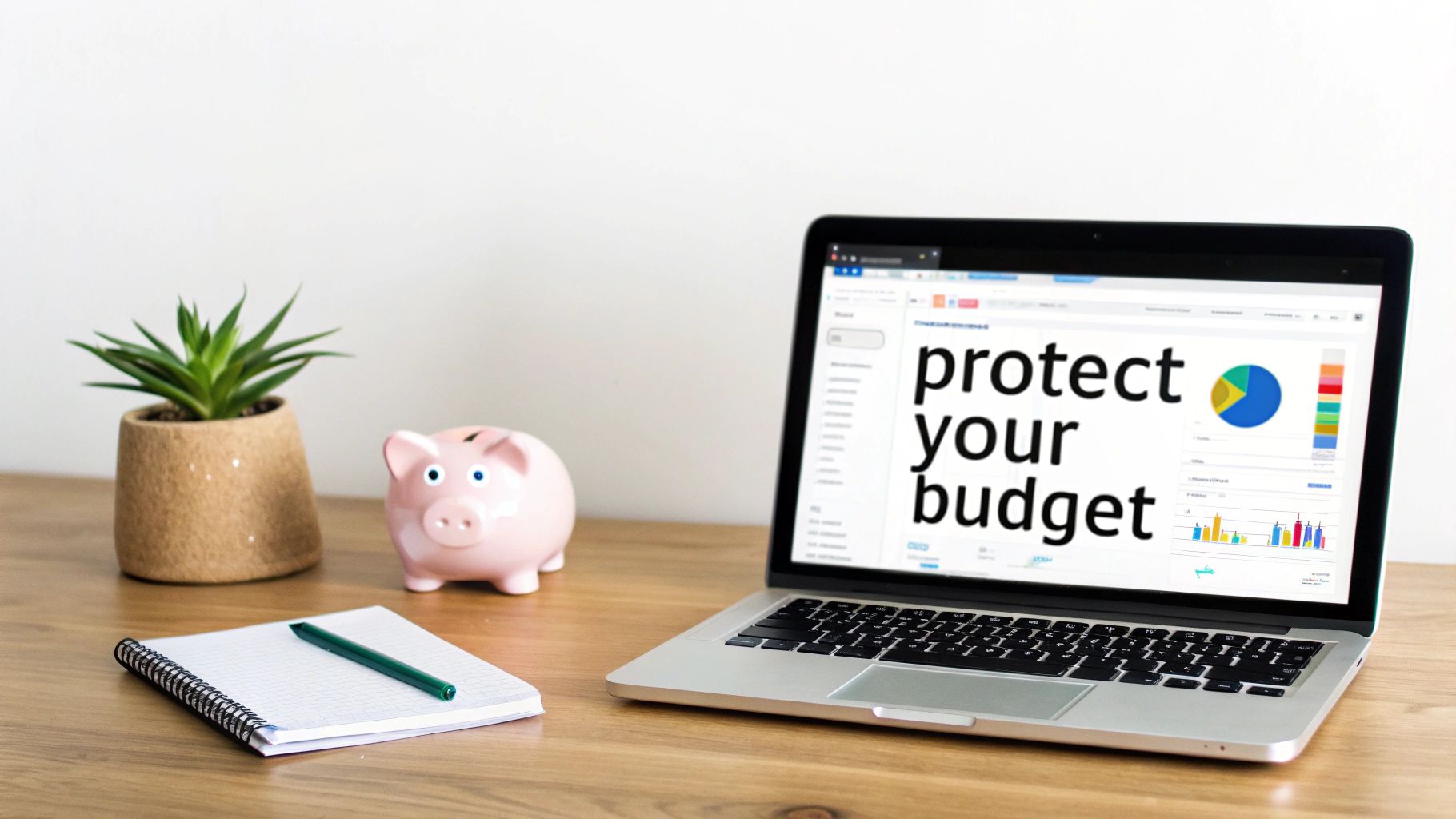 Laptop displaying 'protect your budget' with charts, a piggy bank, plant, and notebook on a wooden desk.