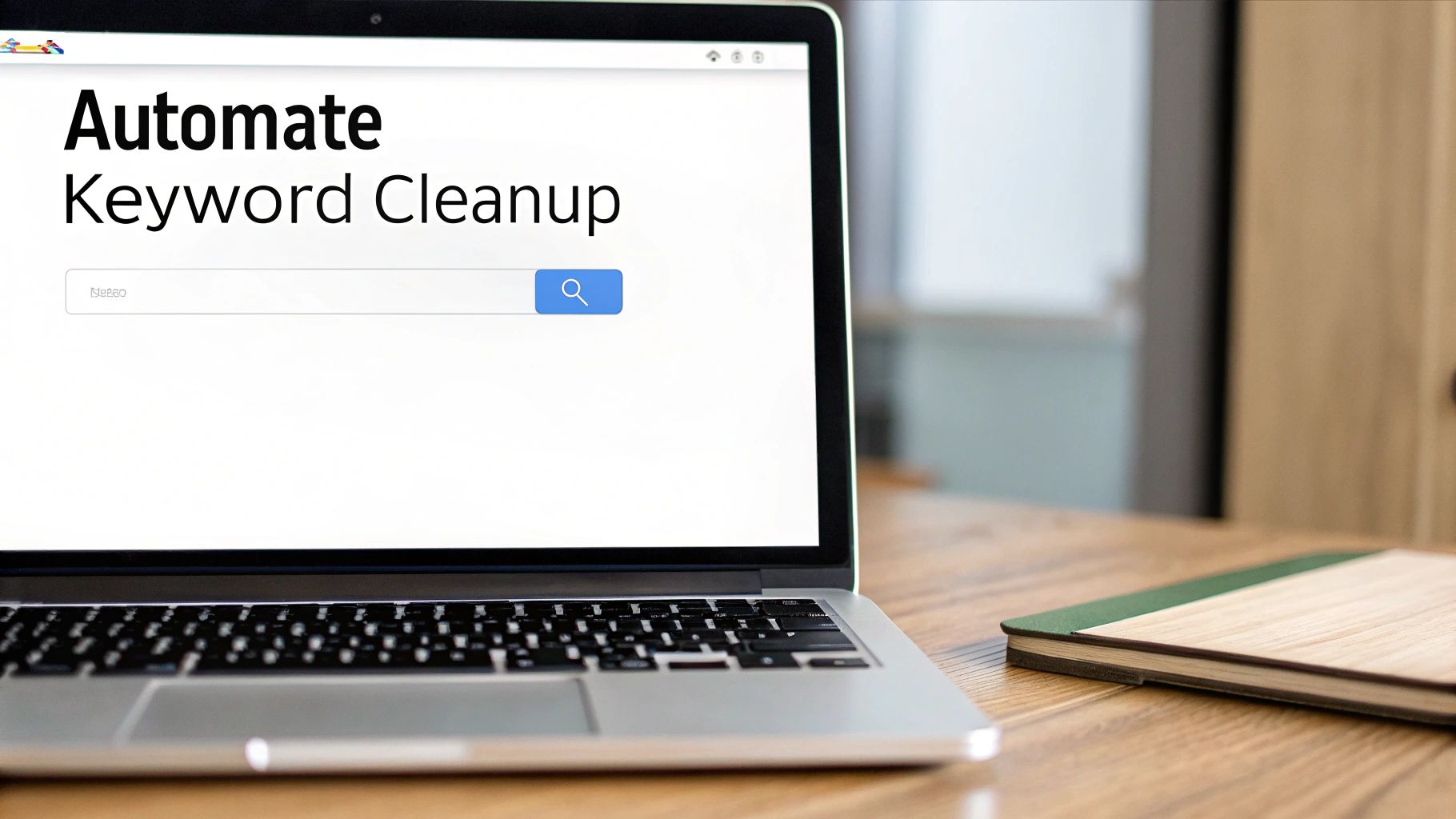 A laptop screen displays 'Automate Keyword Cleanup' with a search bar, on a wooden desk.