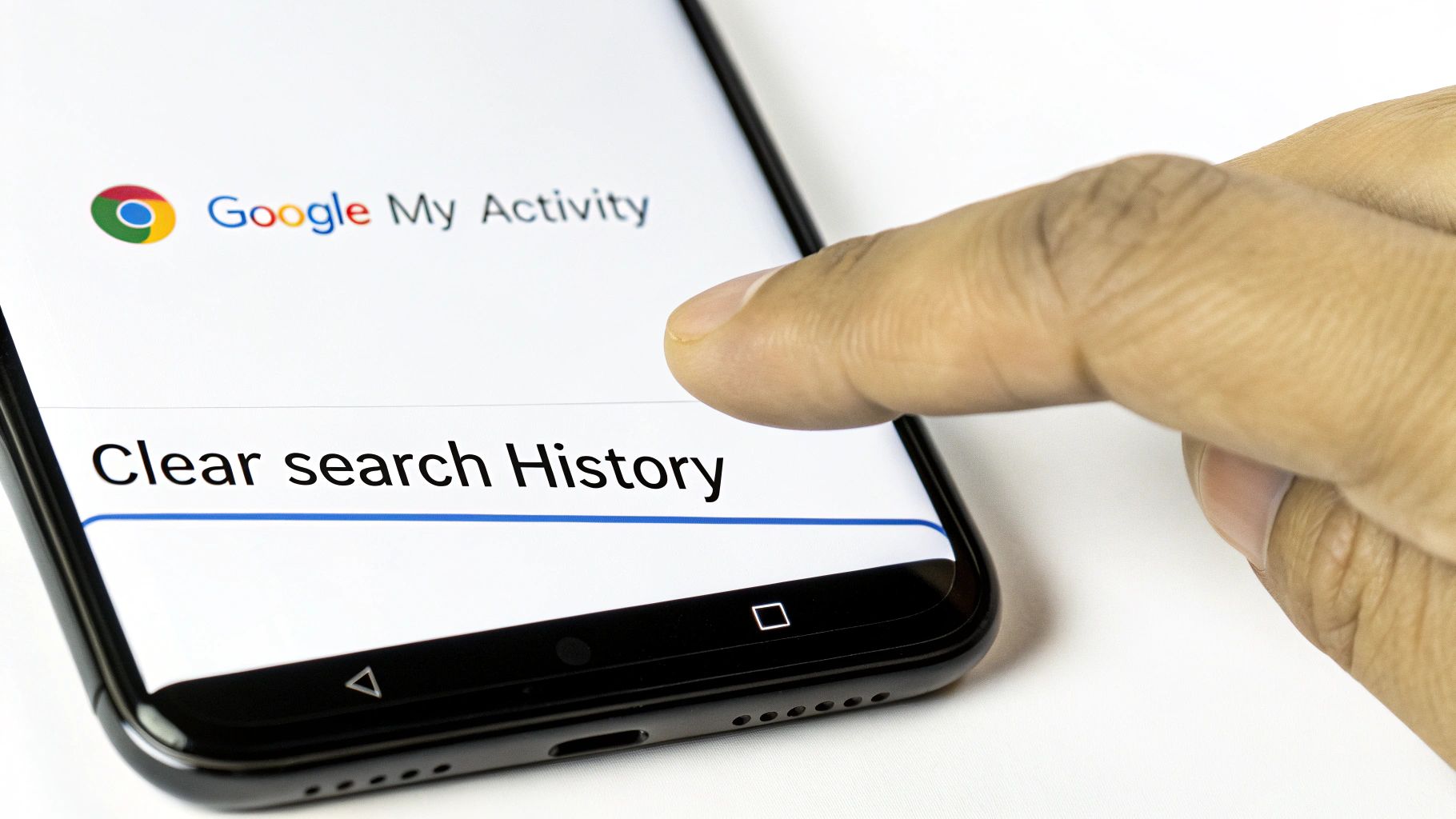 A finger taps a smartphone screen displaying 'Google My Activity' and 'Clear search History'.