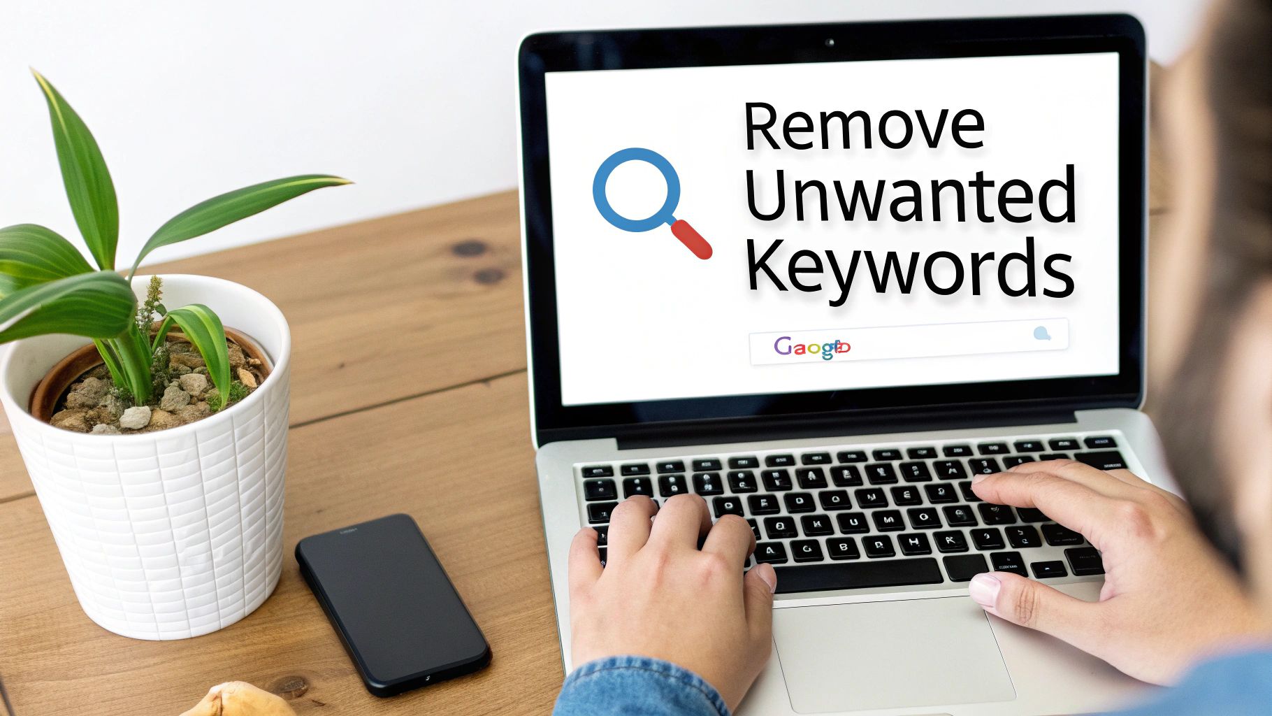 Person typing on a laptop with the screen displaying 'Remove Unwanted Keywords' and a search bar.