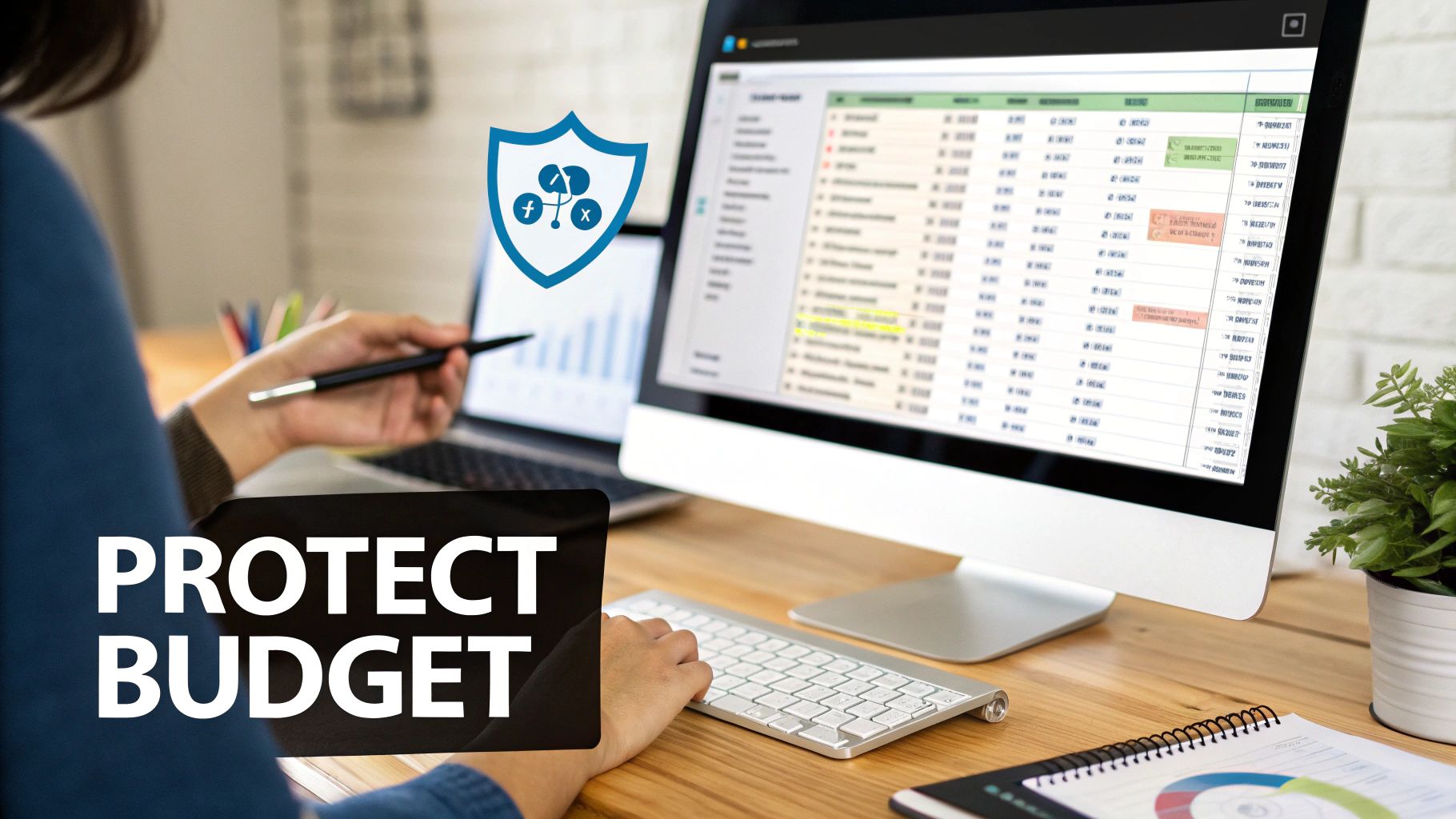 Person working on financial data with a monitor, laptop, and 'Protect Budget' text overlay.