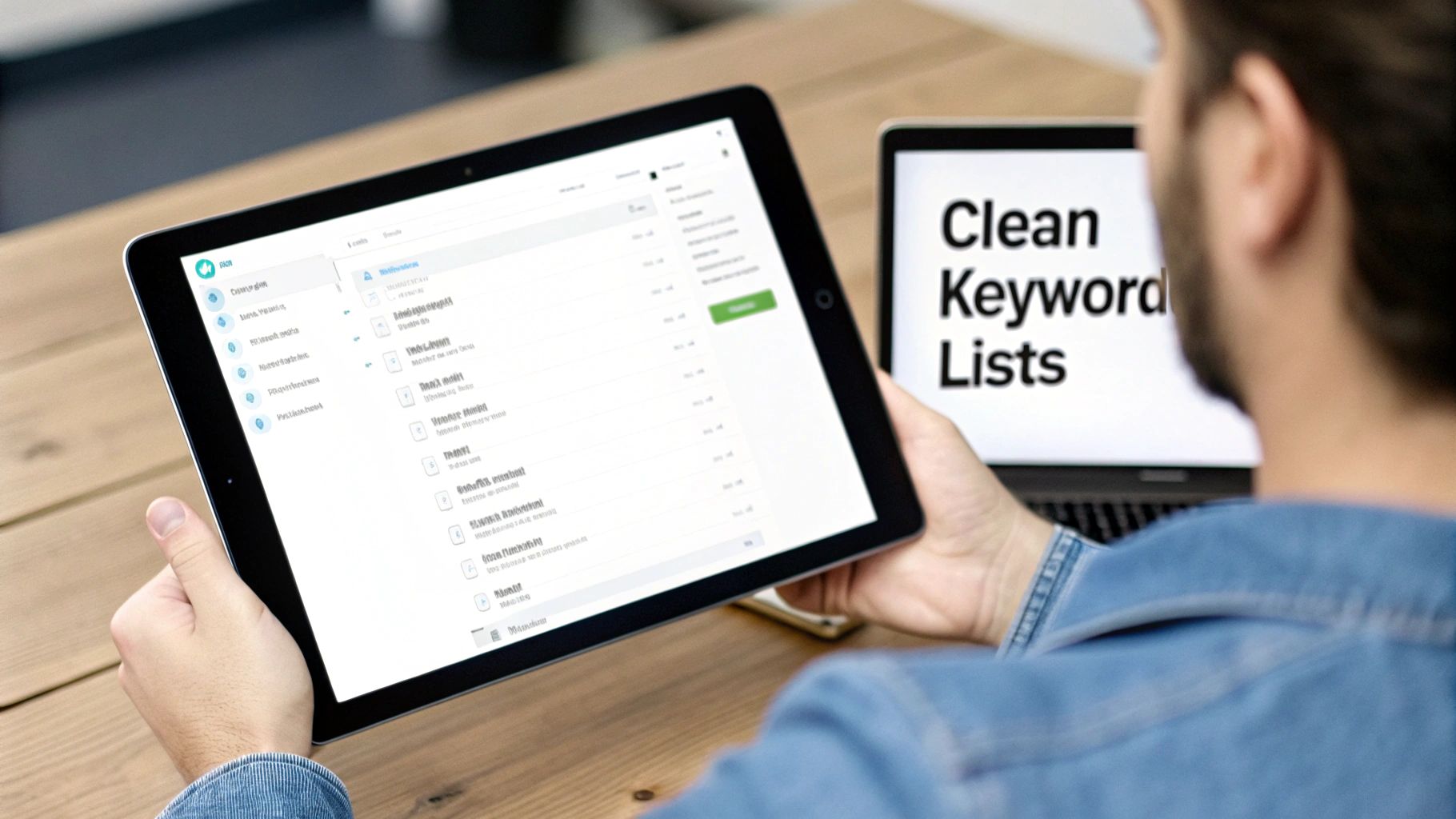 Man views keyword lists on a tablet with a laptop displaying "Clean Keyword Lists" in the background.