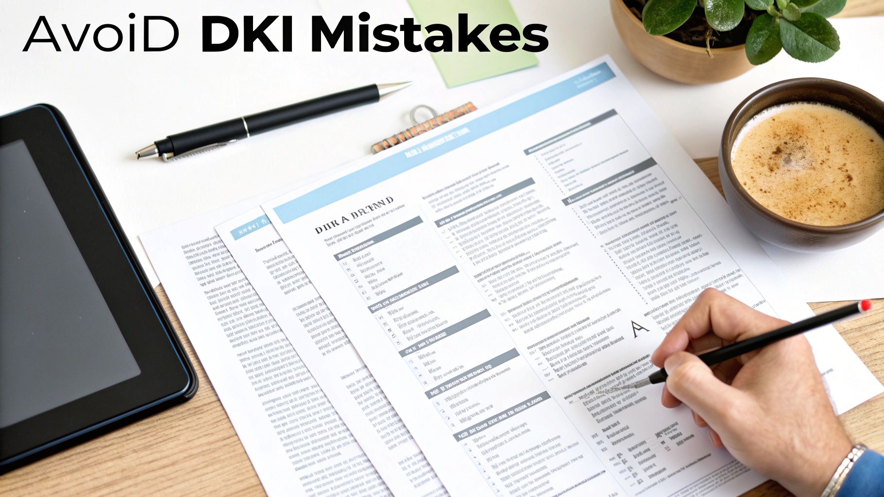A person writing on a document at a desk with a tablet, coffee, and papers, with text 'Avoid DKI Mistakes'.