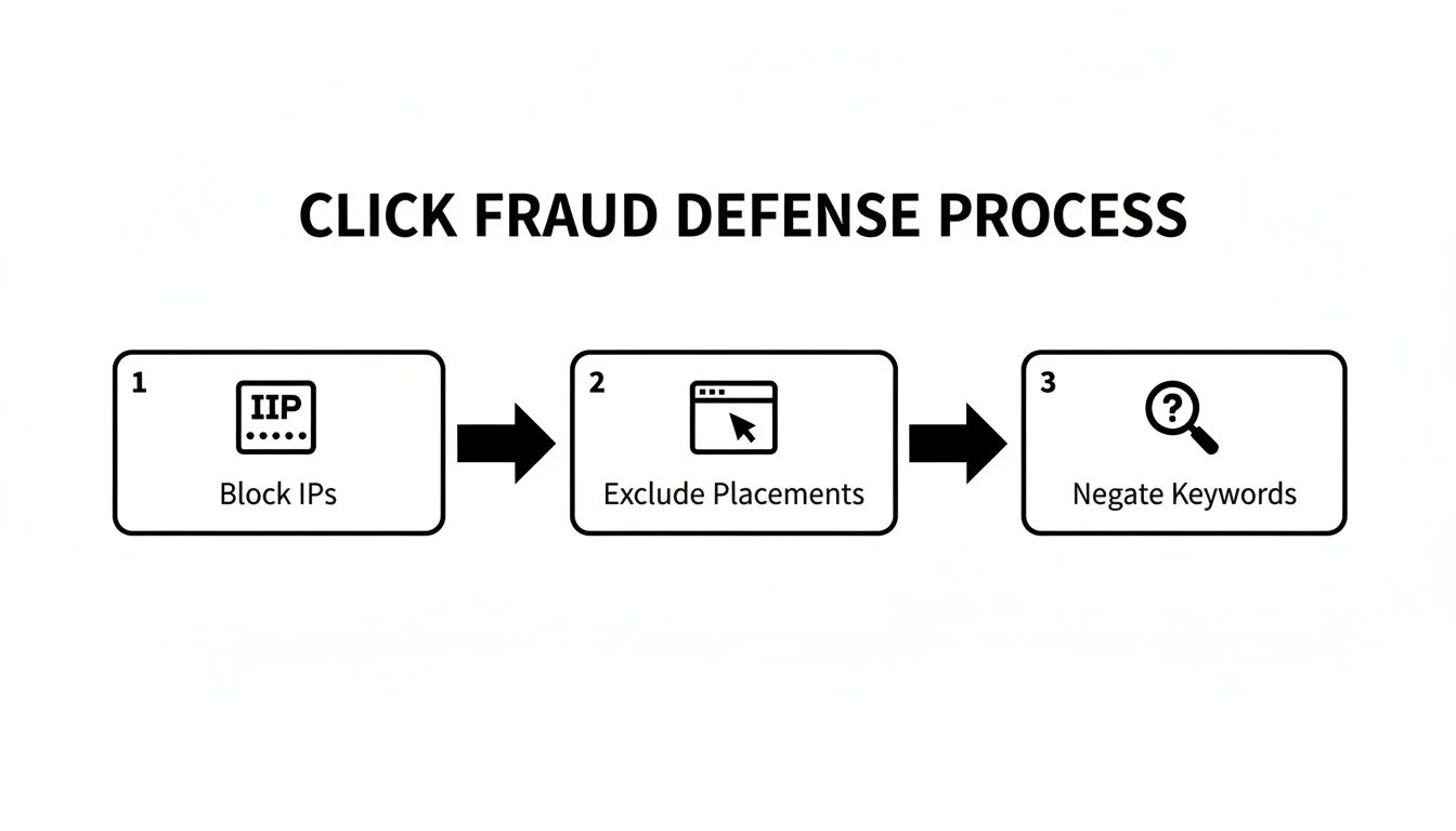 Diagram showing a three-step click fraud defense process: Block IPs, Exclude Placements, Negate Keywords.