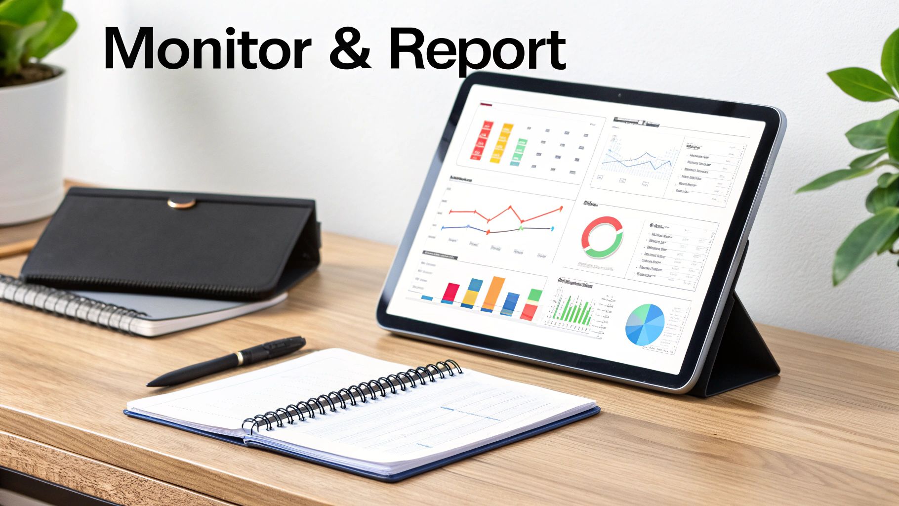 A tablet on a desk displaying colorful business charts and graphs, with a notebook, pen, and plant, illustrating data monitoring and reporting.
