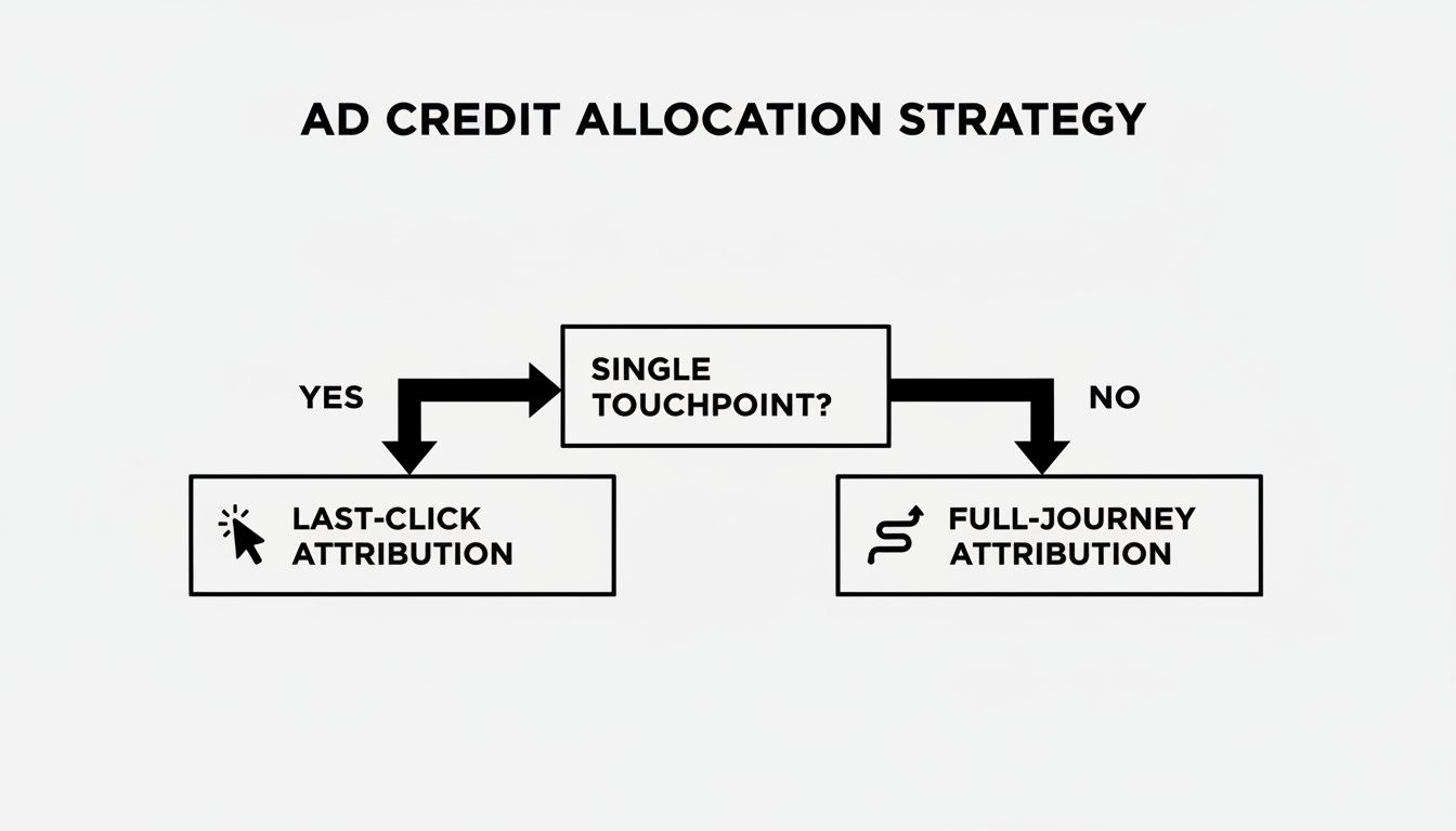 A flowchart for ad credit allocation strategy: single touchpoint uses last-click, multiple uses full-journey attribution.