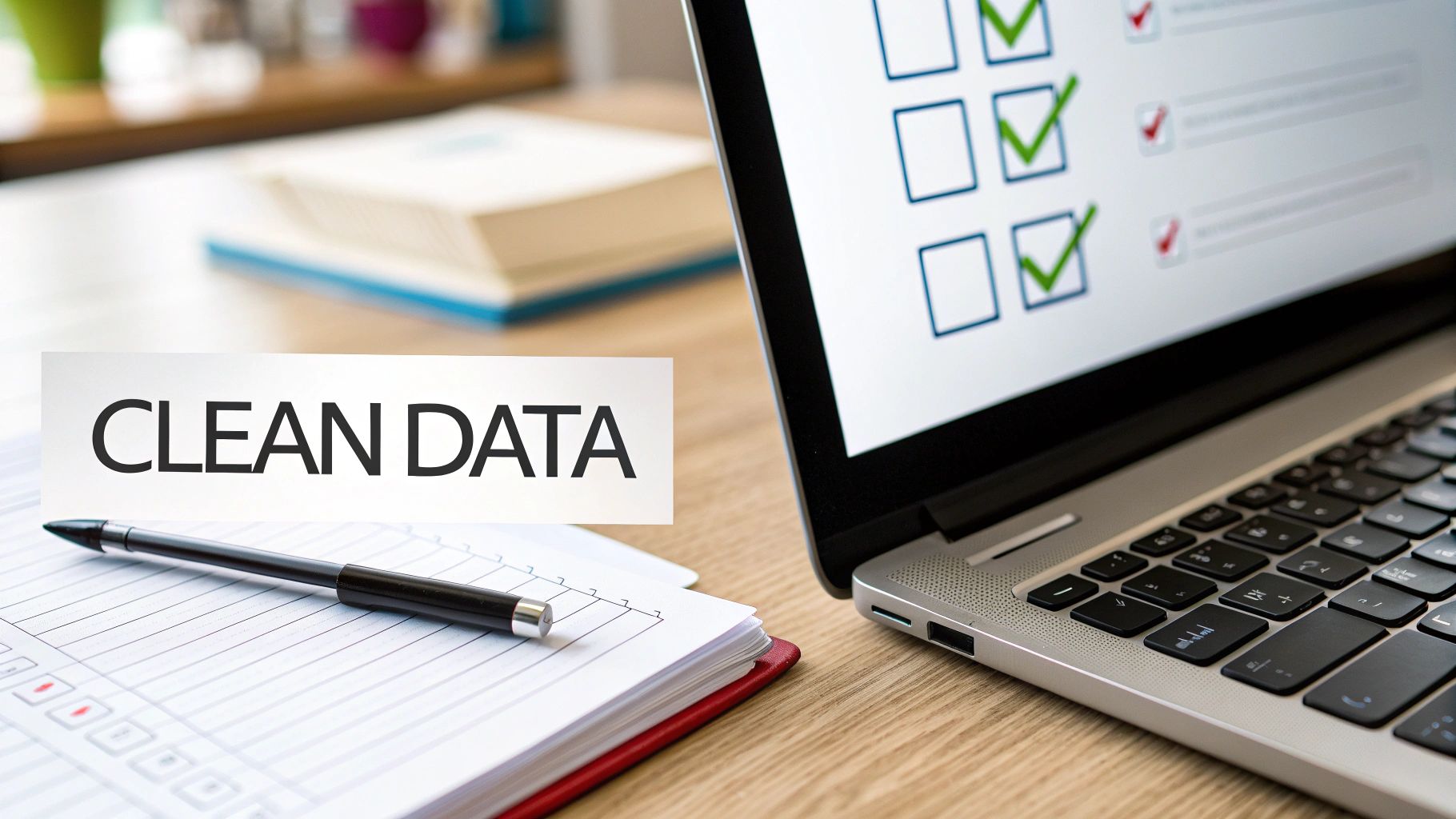A laptop screen shows a checklist with green checkmarks, next to a note reading "CLEAN DATA".