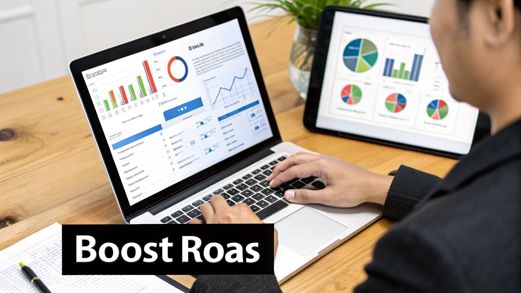 A person analyzing business performance data on a laptop and tablet, displaying various charts and graphs, to boost ROAS.