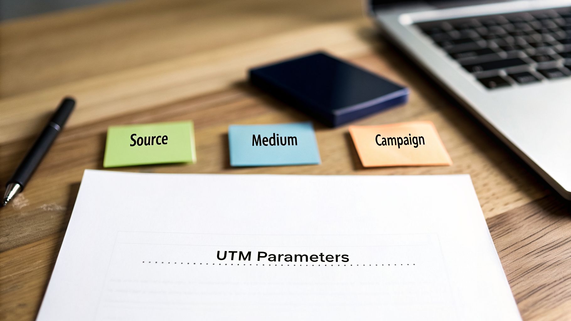 Desk flatlay showing a document titled 'UTM Parameters' with sticky notes for Source, Medium, Campaign.