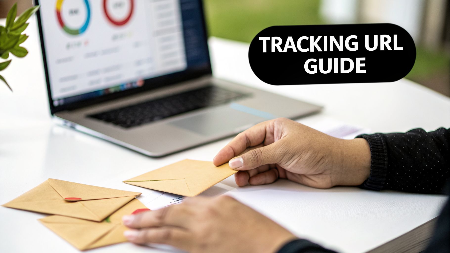 A person holds an envelope at a desk with a laptop displaying charts and a 'Tracking URL Guide' overlay.