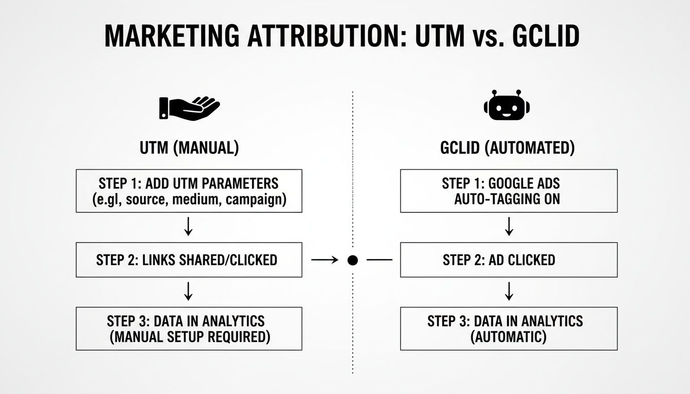 Comparison of UTM manual and GCLID automated processes for marketing attribution.