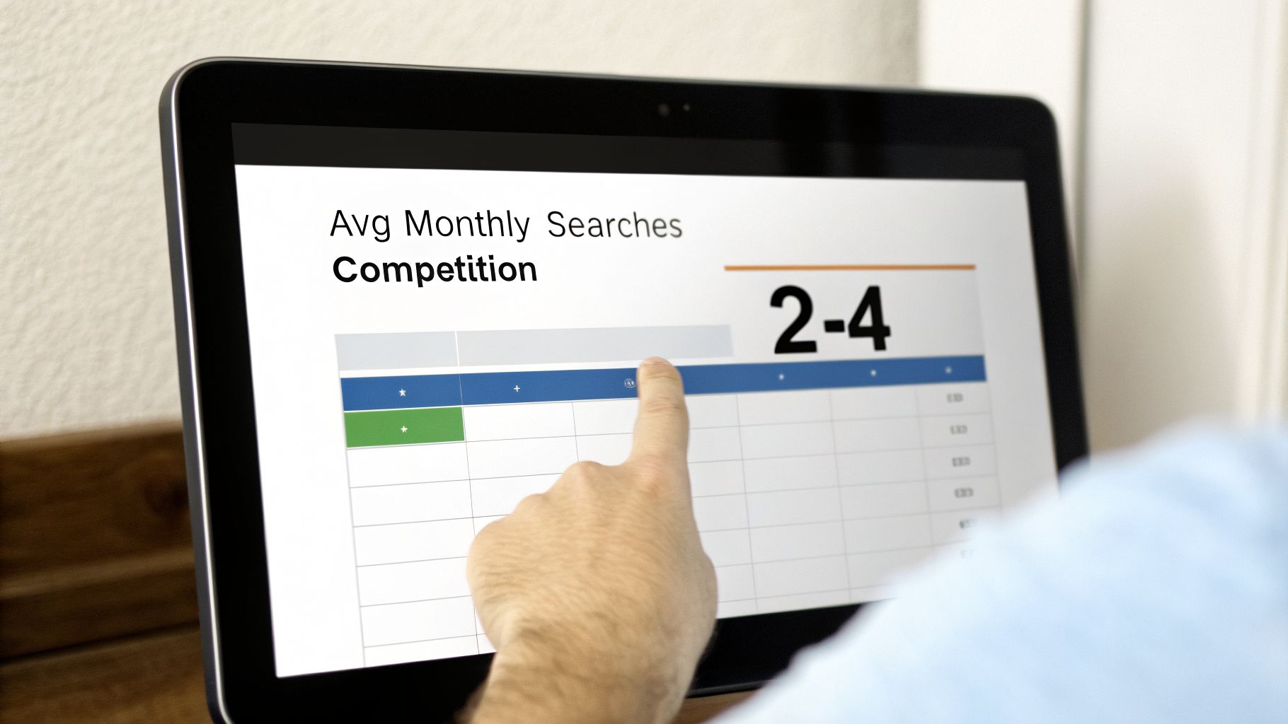 Hand touching a tablet screen displaying keyword research data including average monthly searches and competition.
