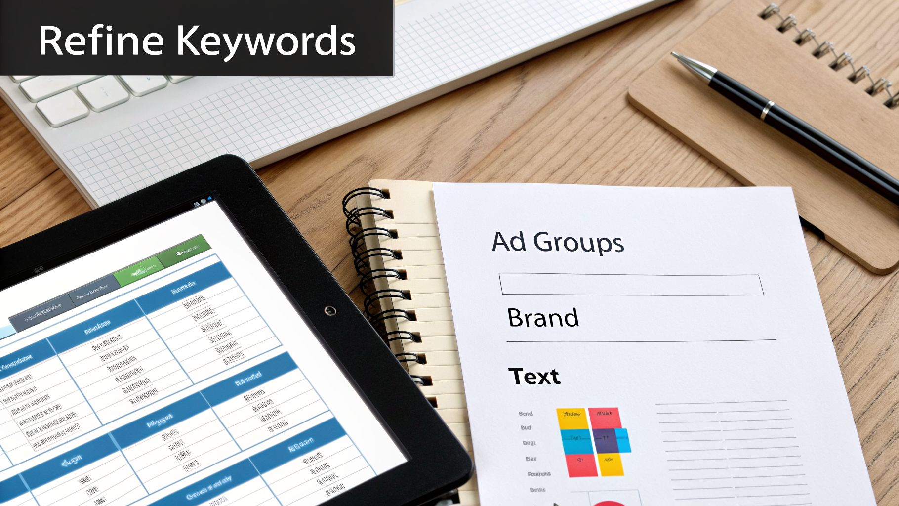 Desk with a tablet displaying keyword data and an 'Ad Groups' document, laptop, and pen, for SEO refinement.