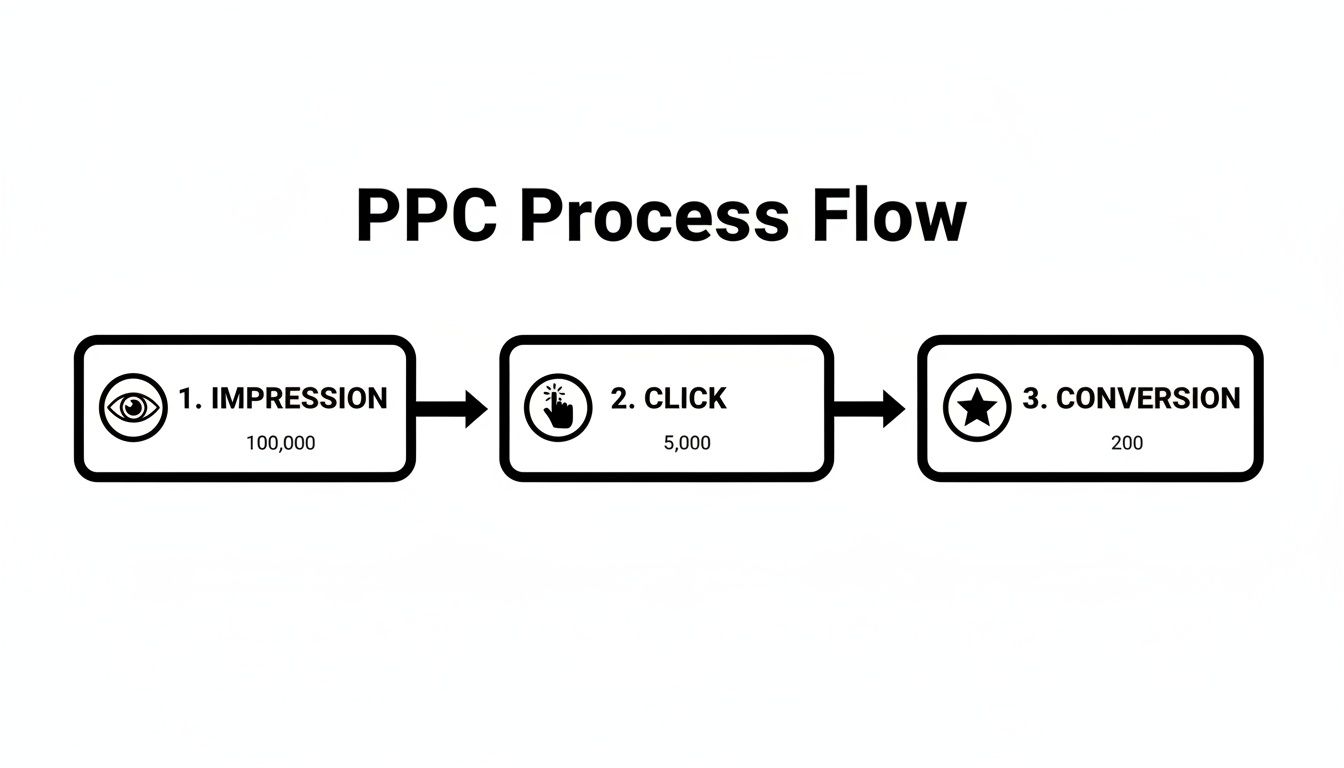 A PPC process flow diagram illustrating impressions, clicks, and conversions with associated numbers.