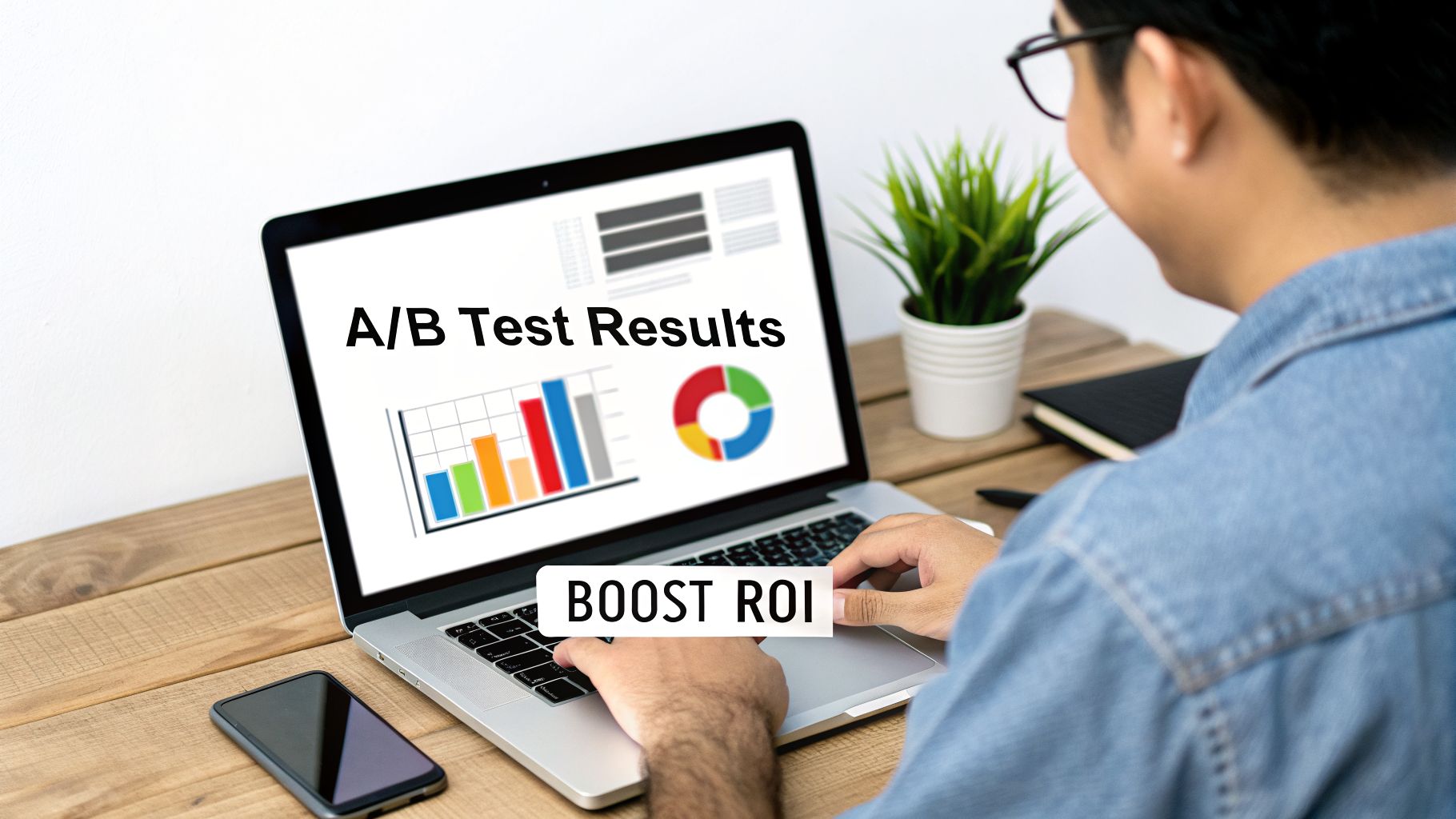 A person analyzing A/B test results with charts on a laptop, displaying 'BOOST ROI' text.