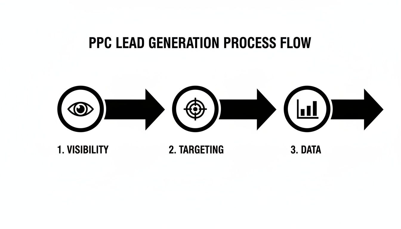 Flowchart illustrating the PPC lead generation process with steps: visibility, targeting, and data.