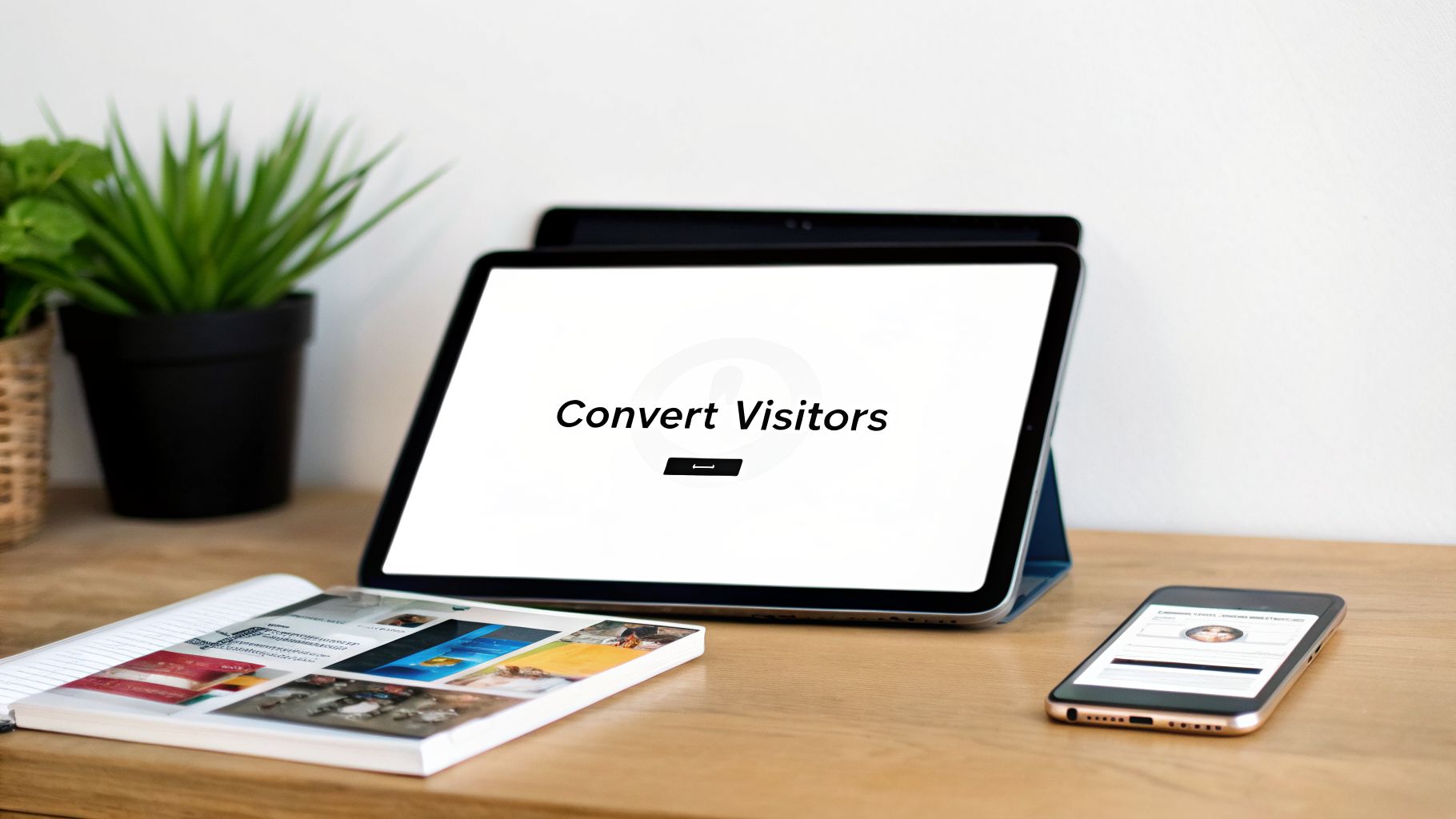 A tablet displaying 'Convert Visitors' on a wooden desk with a notebook, smartphone, and plants.