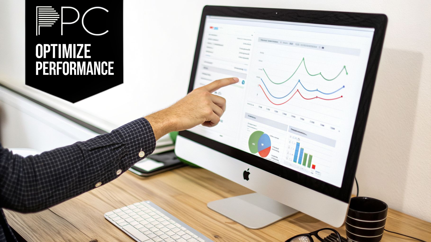 A hand points at a computer screen displaying PPC performance data, graphs, and charts for optimization.
