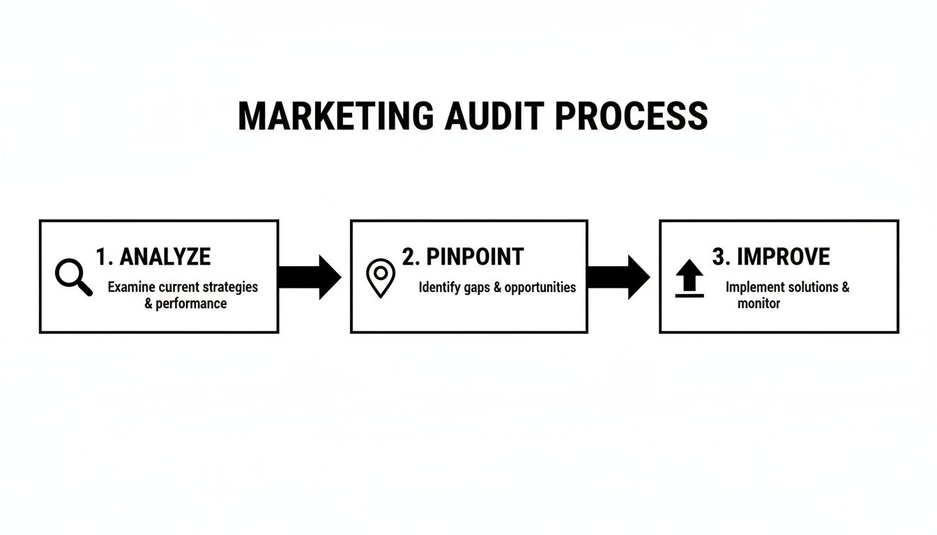 A three-step marketing audit process flow chart showing analyze, pinpoint, and improve.