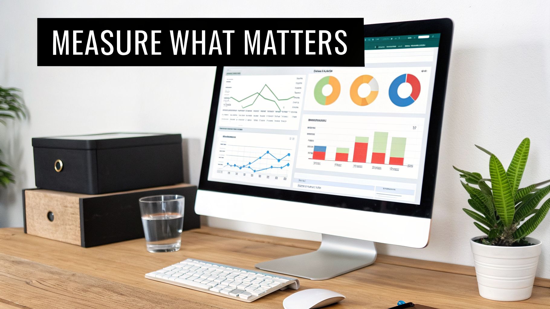 A computer screen displaying marketing analytics and charts on a wooden desk with office items.