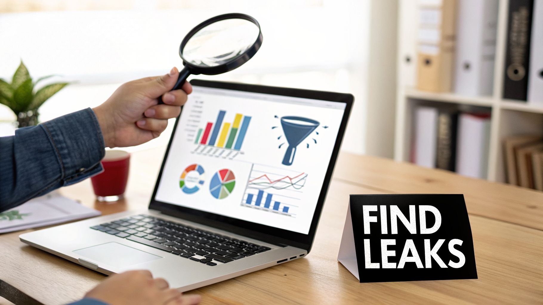 A hand holds a magnifying glass over a laptop displaying charts and a sales funnel, with a 'FIND LEAKS' sign.