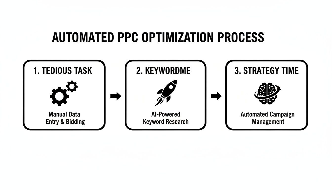 Flowchart showing automated PPC optimization process from manual tasks to AI keyword research and automated campaign management.