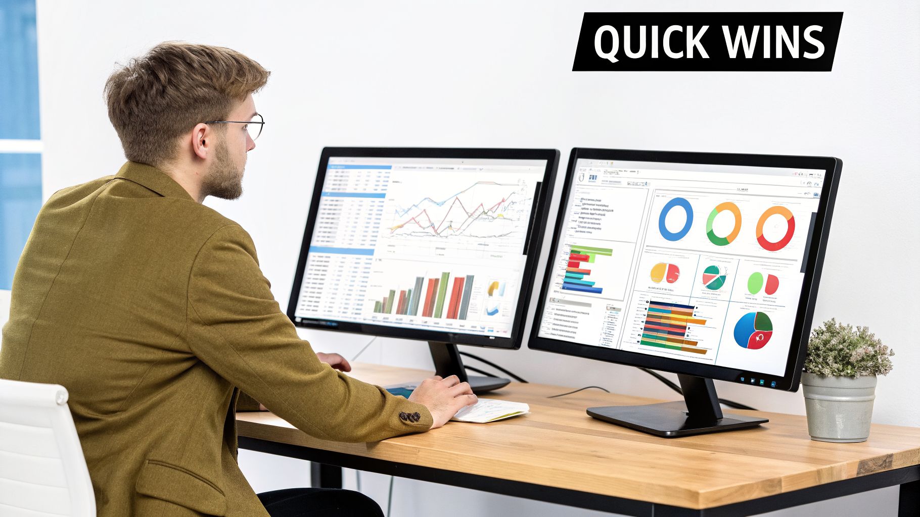 Man in a brown jacket analyzing business data on two computer screens with 'QUICK WINS' banner.