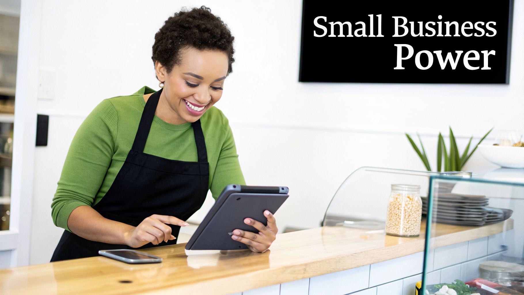 A smiling female small business owner uses a tablet behind a counter with a 'Small Business Power' sign.