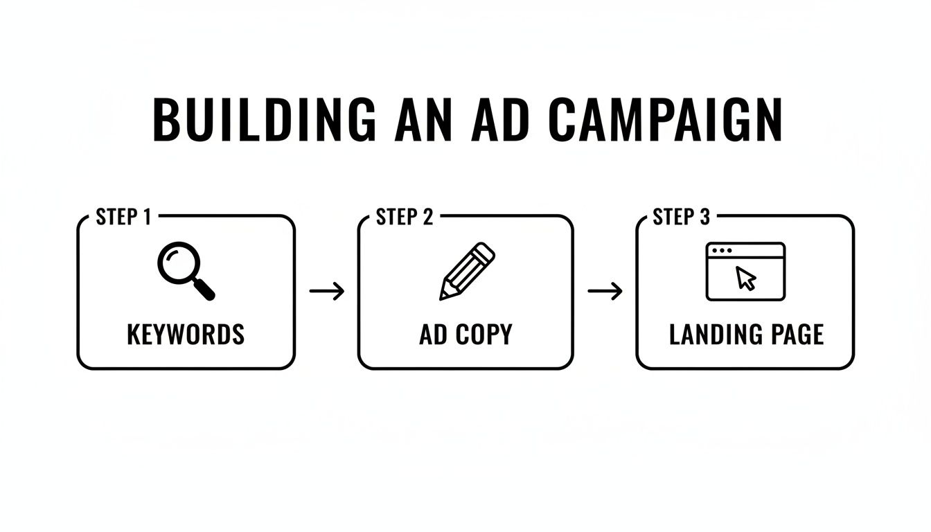 A three-step guide outlining how to build an ad campaign: keywords, ad copy, and landing page.