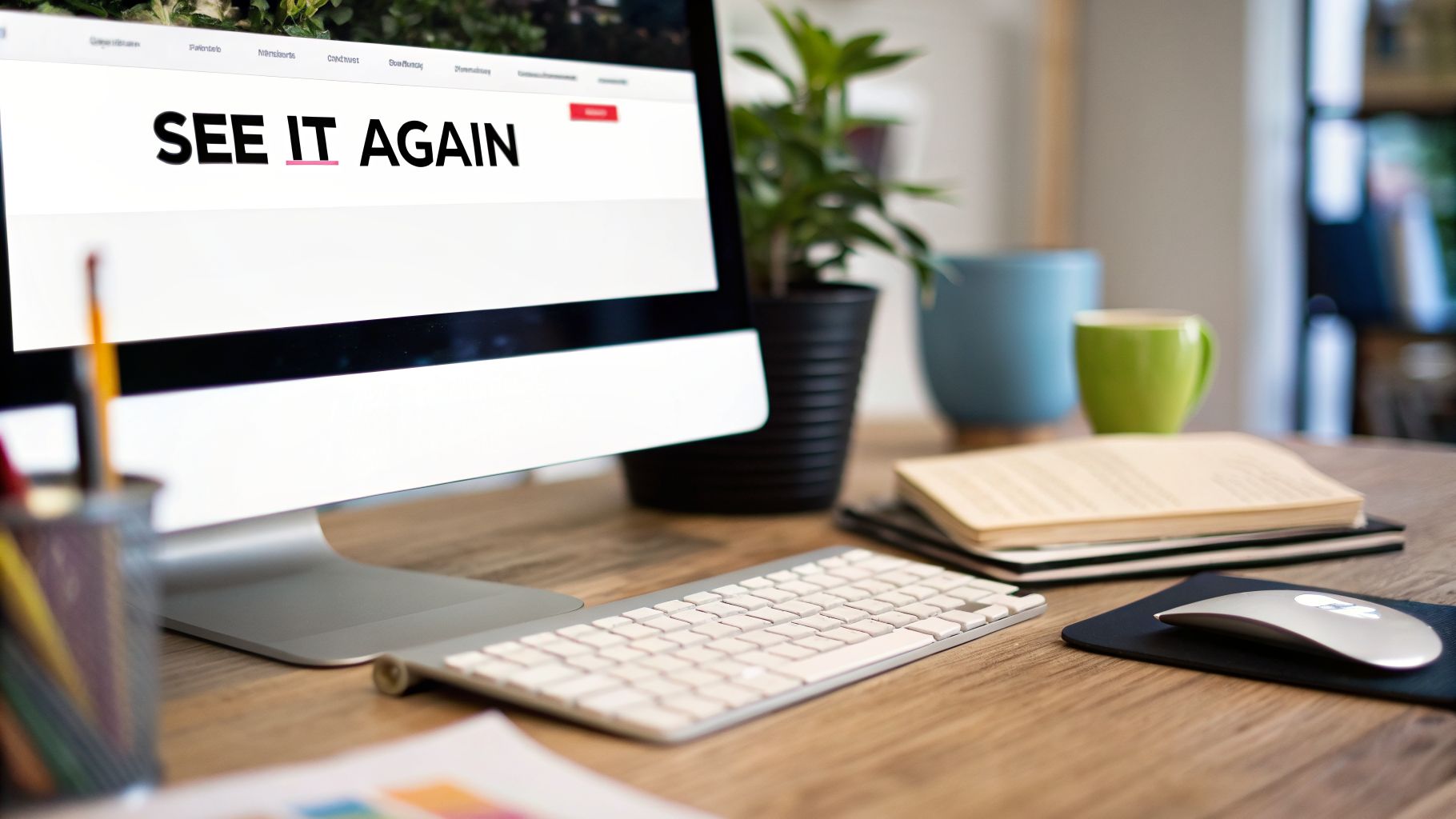 A computer monitor displays 'SEE IT AGAIN' on a desk, illustrating a digital marketing message.