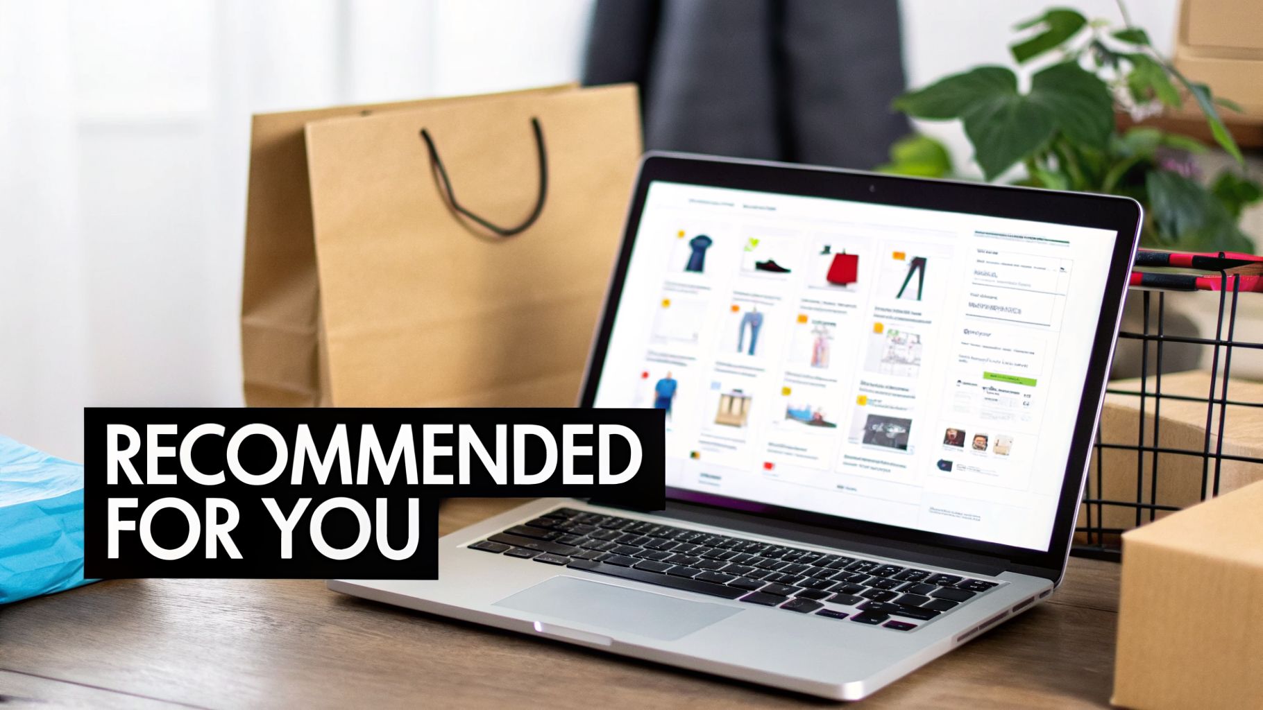 A laptop screen displays personalized product recommendations on an e-commerce site, with a shopping bag and packages nearby.