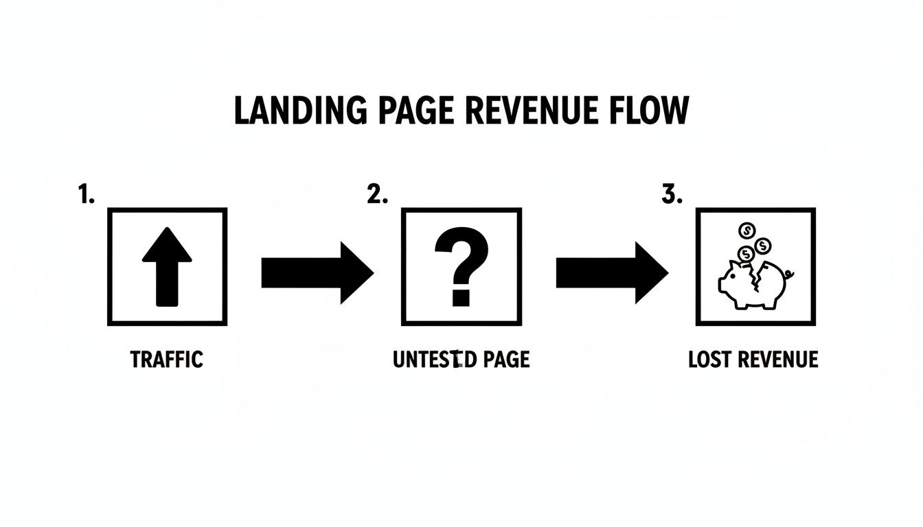 A diagram illustrating how traffic to an untested landing page leads directly to lost revenue.