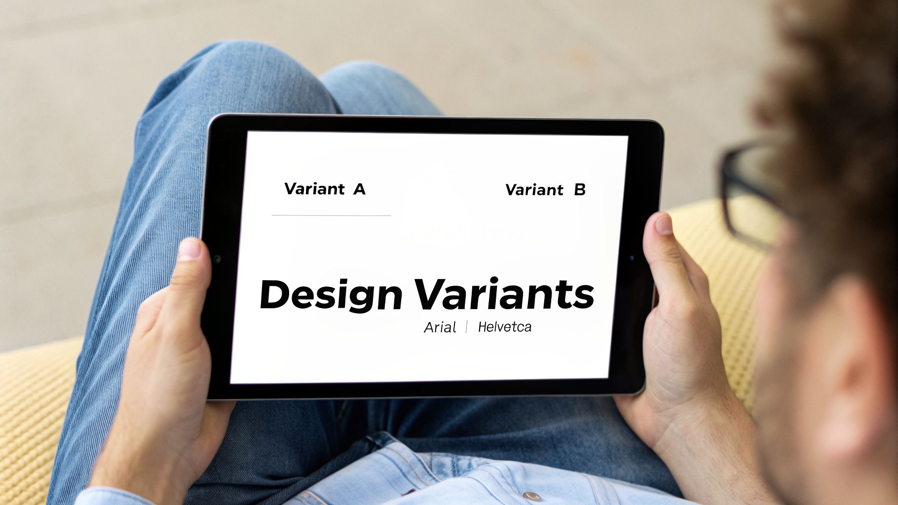 A person holds a tablet displaying a comparison of 'Design Variants' with 'Variant A' and 'Variant B' sections.