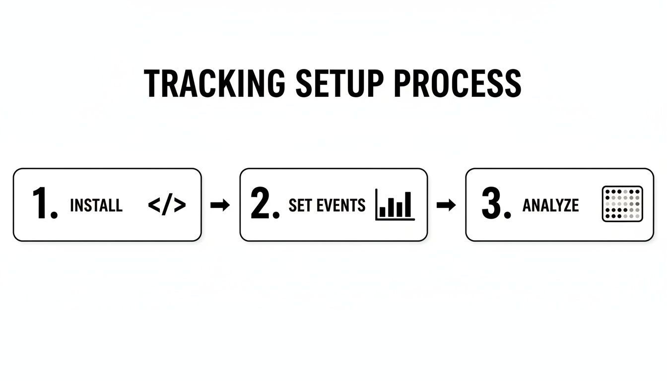A clear flowchart illustrating the three-step tracking setup process: install, set events, and analyze data.