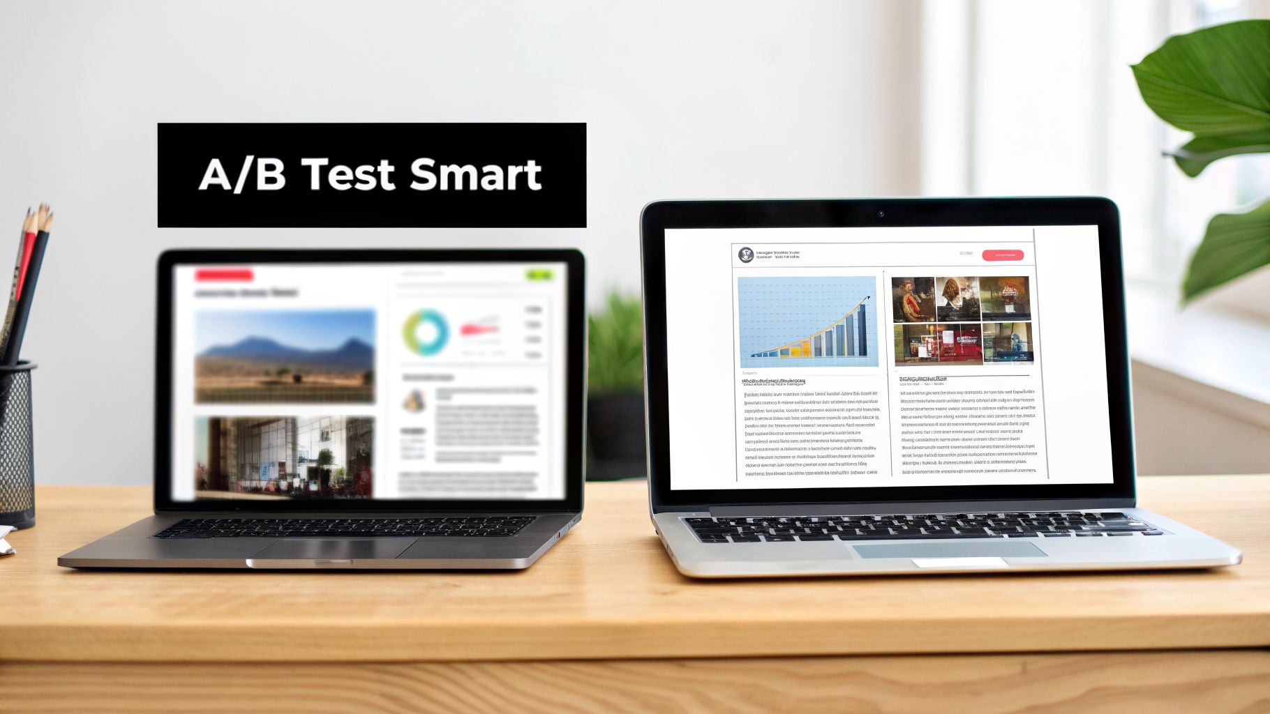 Two laptops on a wooden desk beneath a 'A/B Test Smart' banner, showing data and web pages.