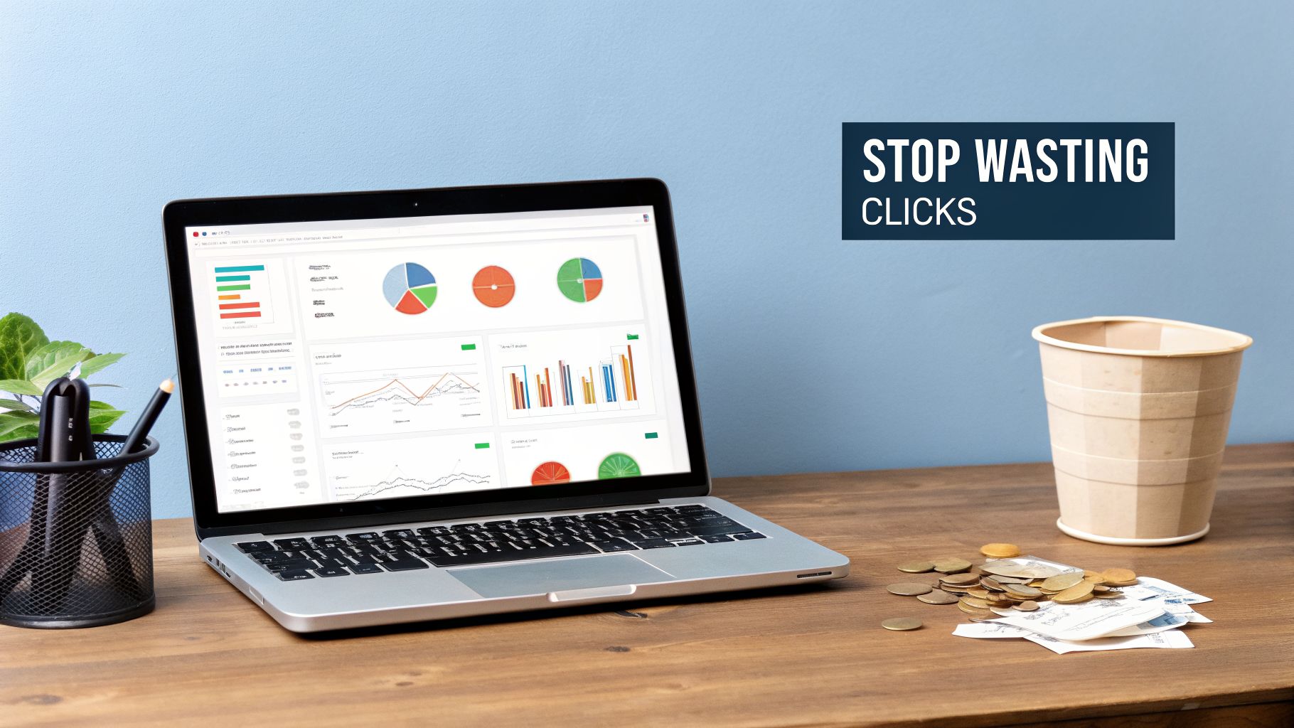 Laptop displays analytics charts, with coins and a 'STOP WASTING CLICKS' message, highlighting PPC efficiency.