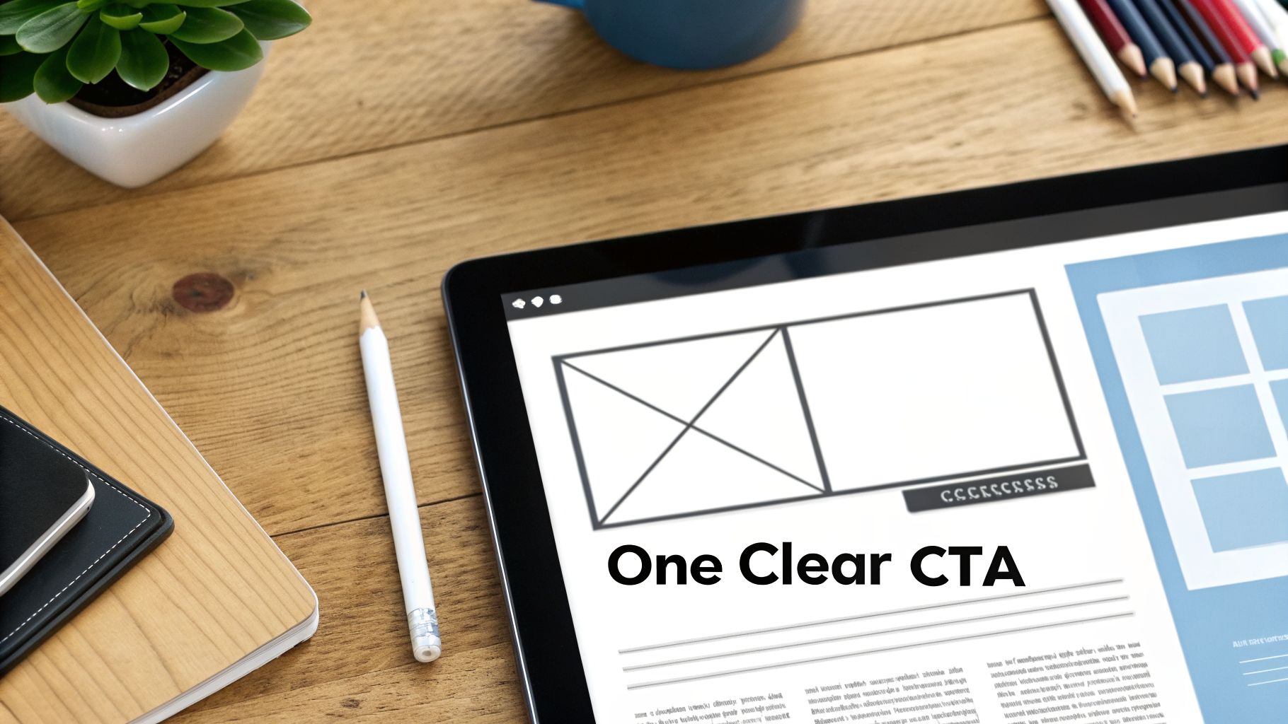 A tablet on a wooden desk displays 'One Clear CTA', surrounded by office supplies, in a flat lay view.