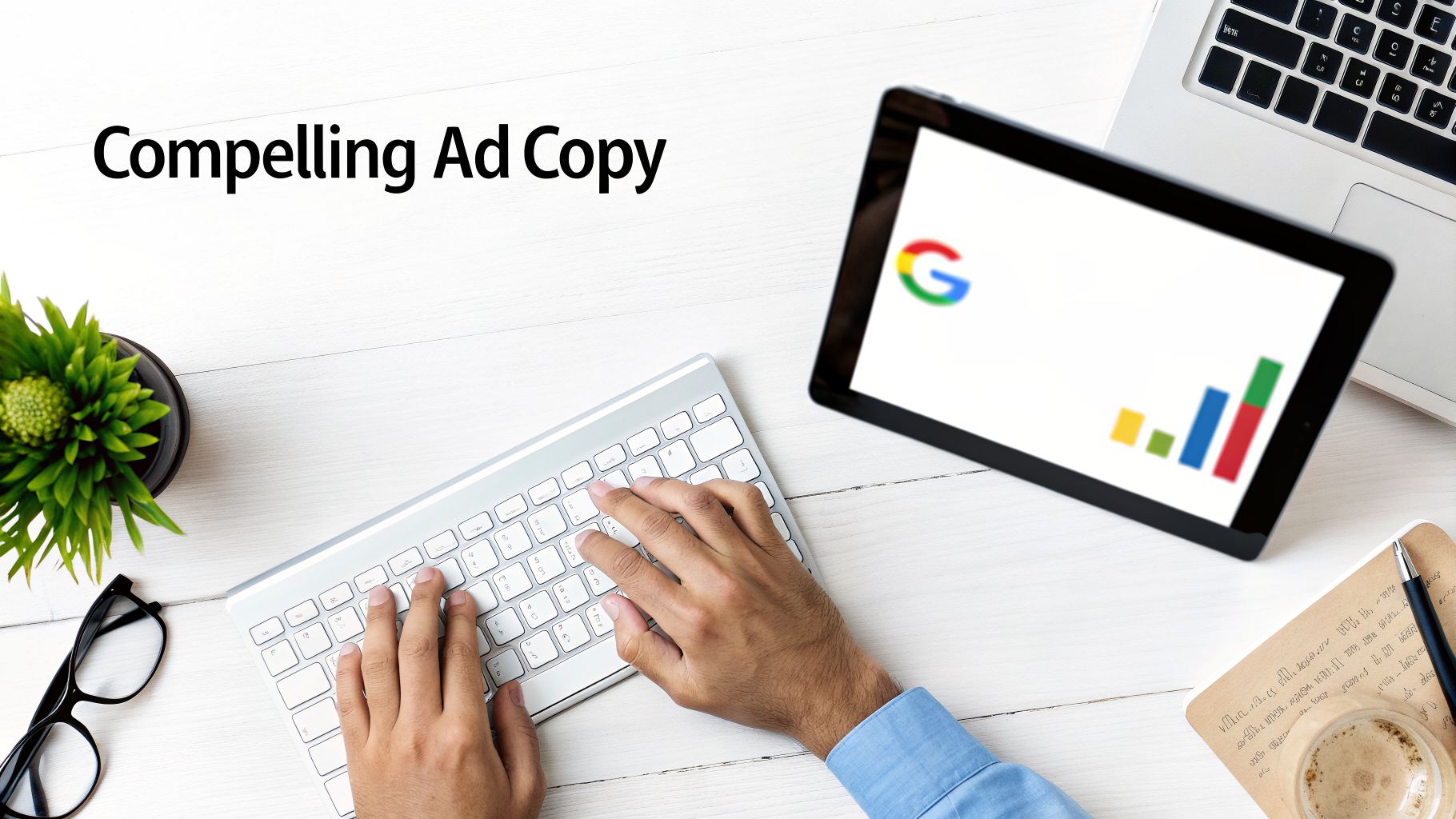 Overhead view of hands typing on a keyboard, creating compelling Google Ad copy in a modern workspace.