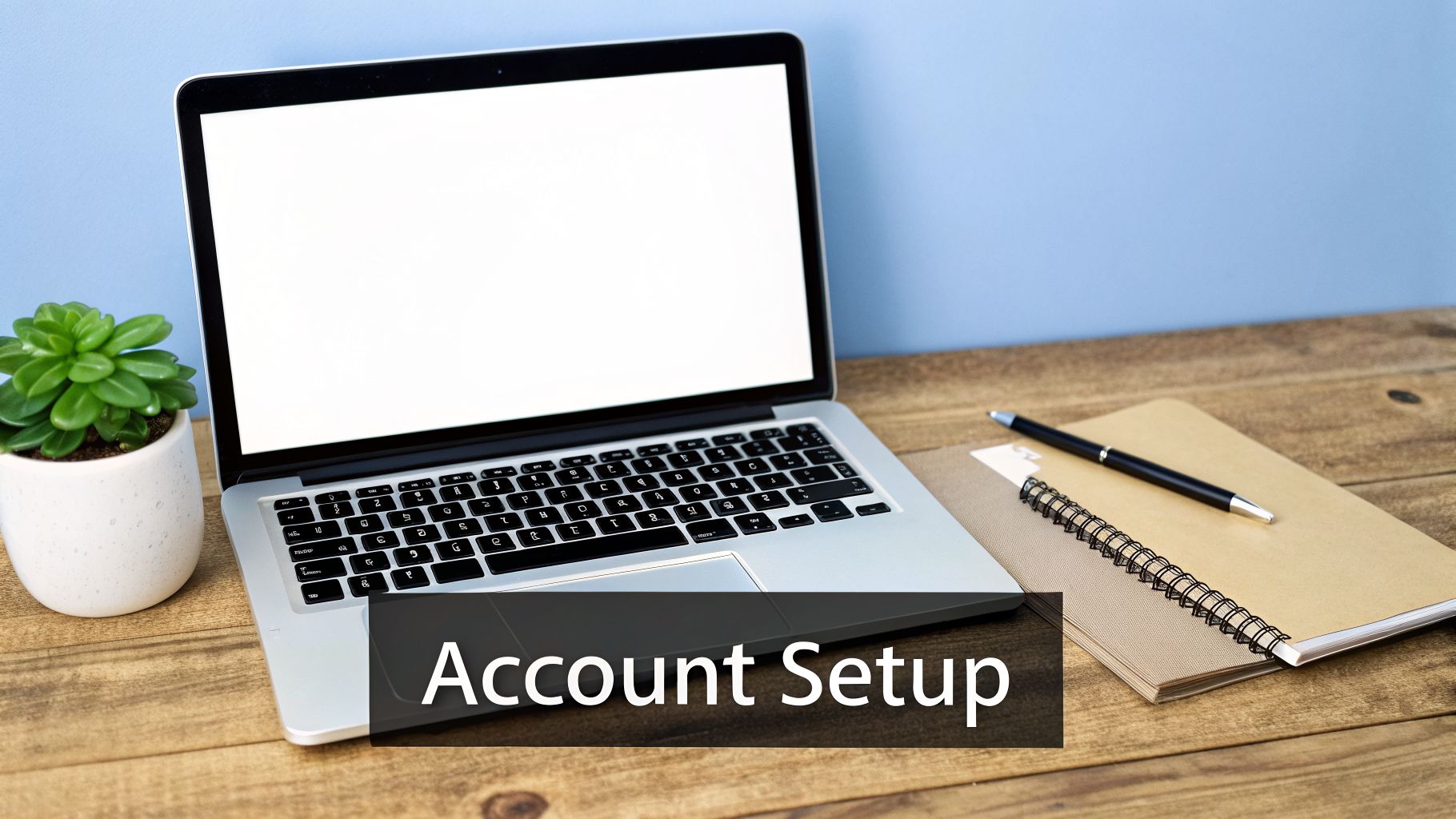 A silver laptop with a blank white screen, a succulent plant, pen, and notebook on a wooden desk.