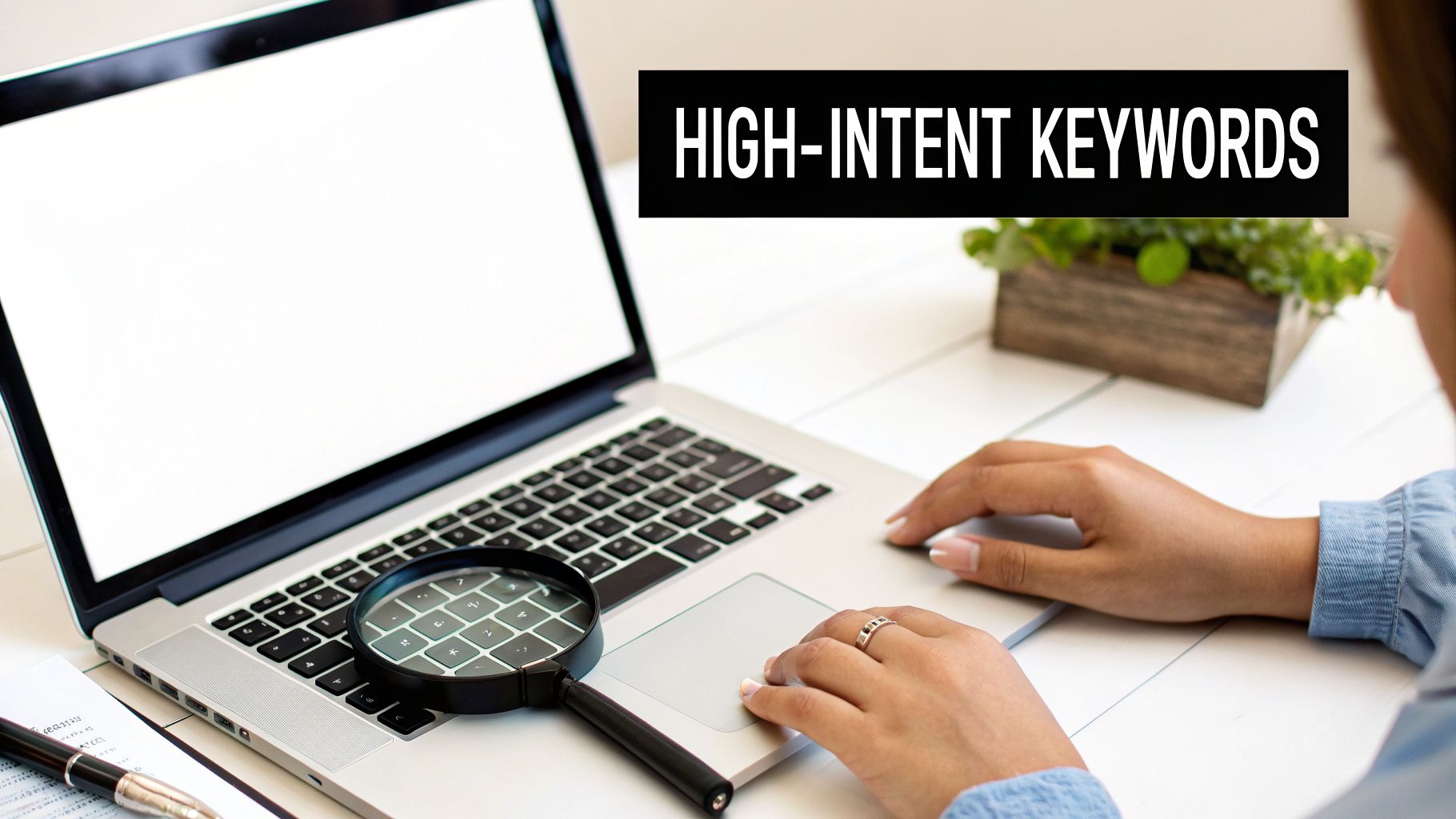 A person researches high-intent keywords on a laptop, with a magnifying glass nearby.