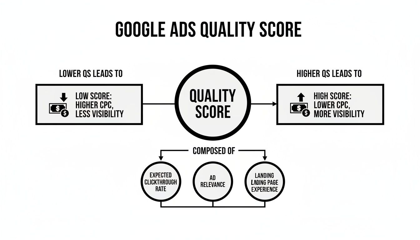 Google Ads Quality Score diagram showing its components (CTR, ad relevance, landing page) and impact on CPC and visibility.
