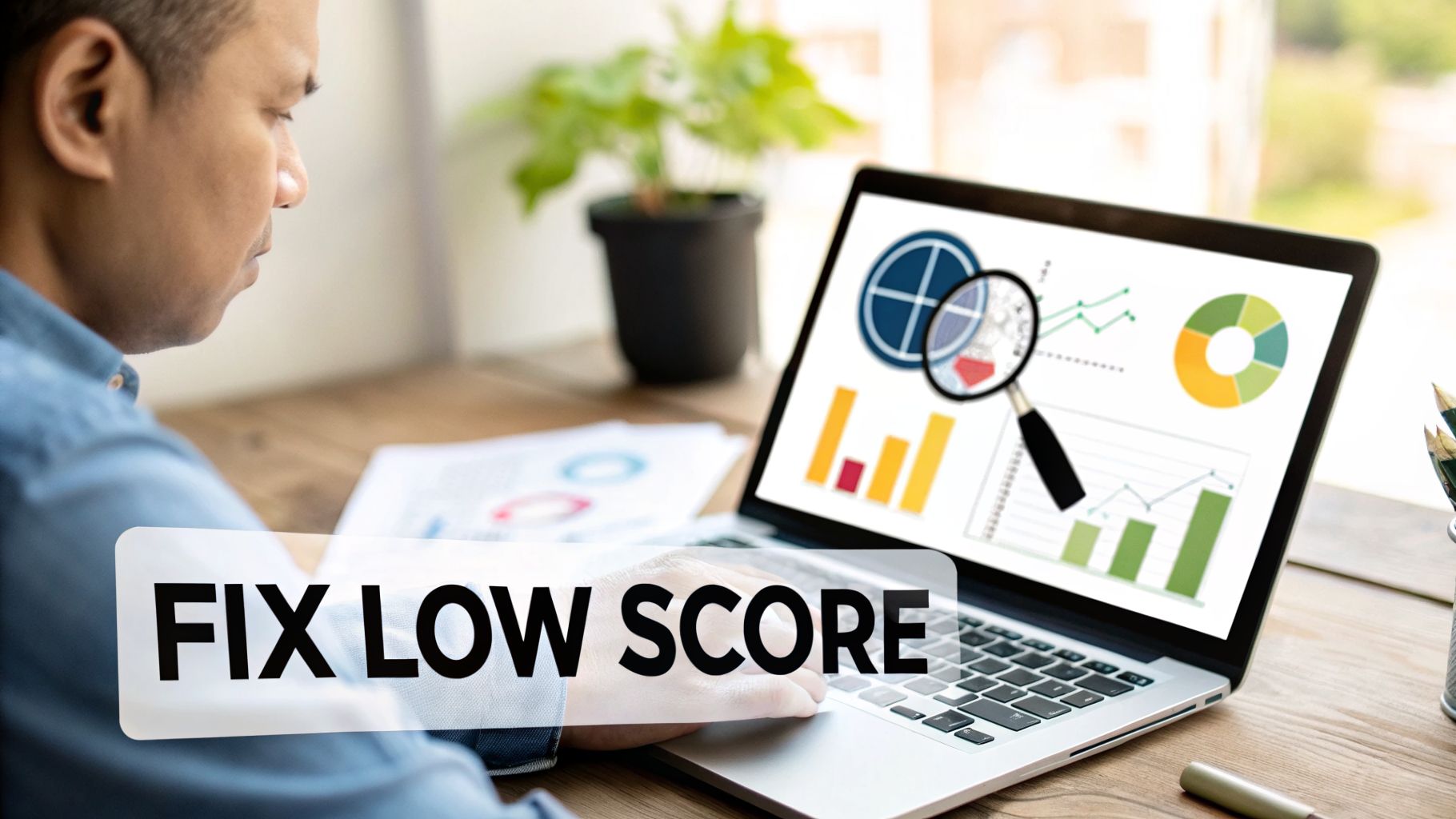 Man analyzing data on a laptop with charts and graphs, with a prominent text overlay 'FIX LOW SCORE'.
