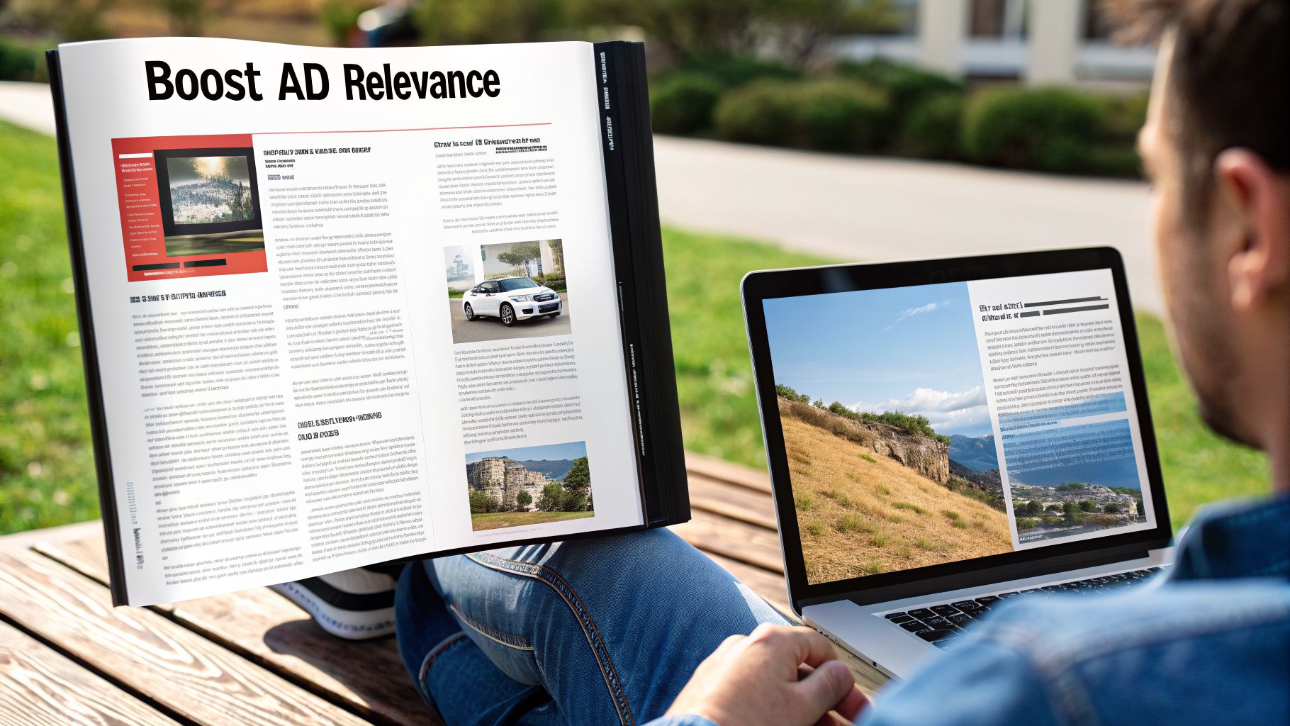 A person reads a magazine titled 'Boost AD Relevance' and looks at a laptop outdoors.