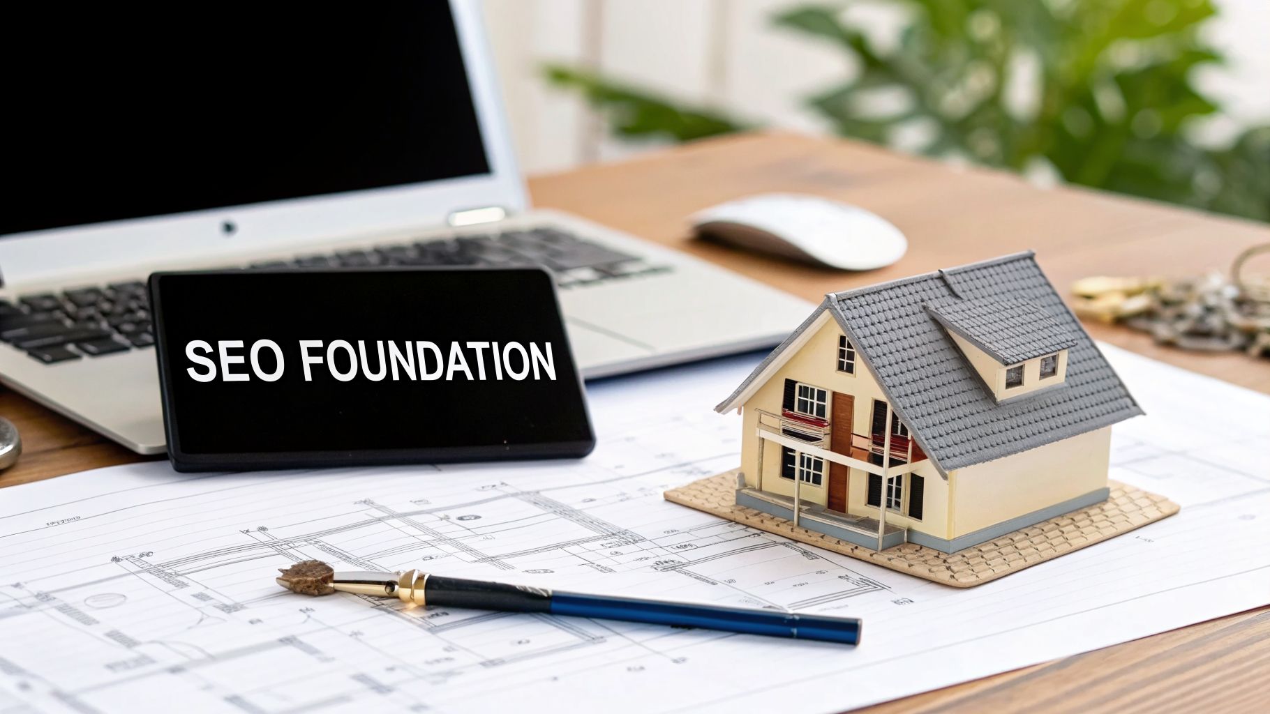 A desk with a laptop, model house, architectural blueprints, and a tablet displaying 'SEO FOUNDATION'.