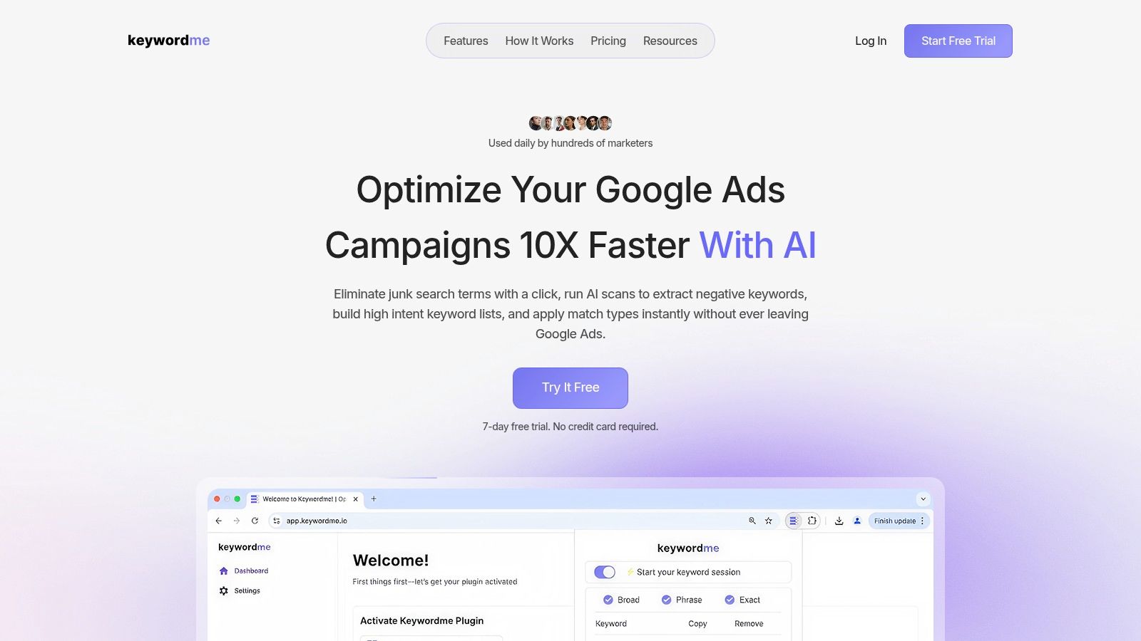 A screenshot showing the Keywordme interface integrated within Google Ads, with options for adding keywords, applying match types, and managing negative keywords.