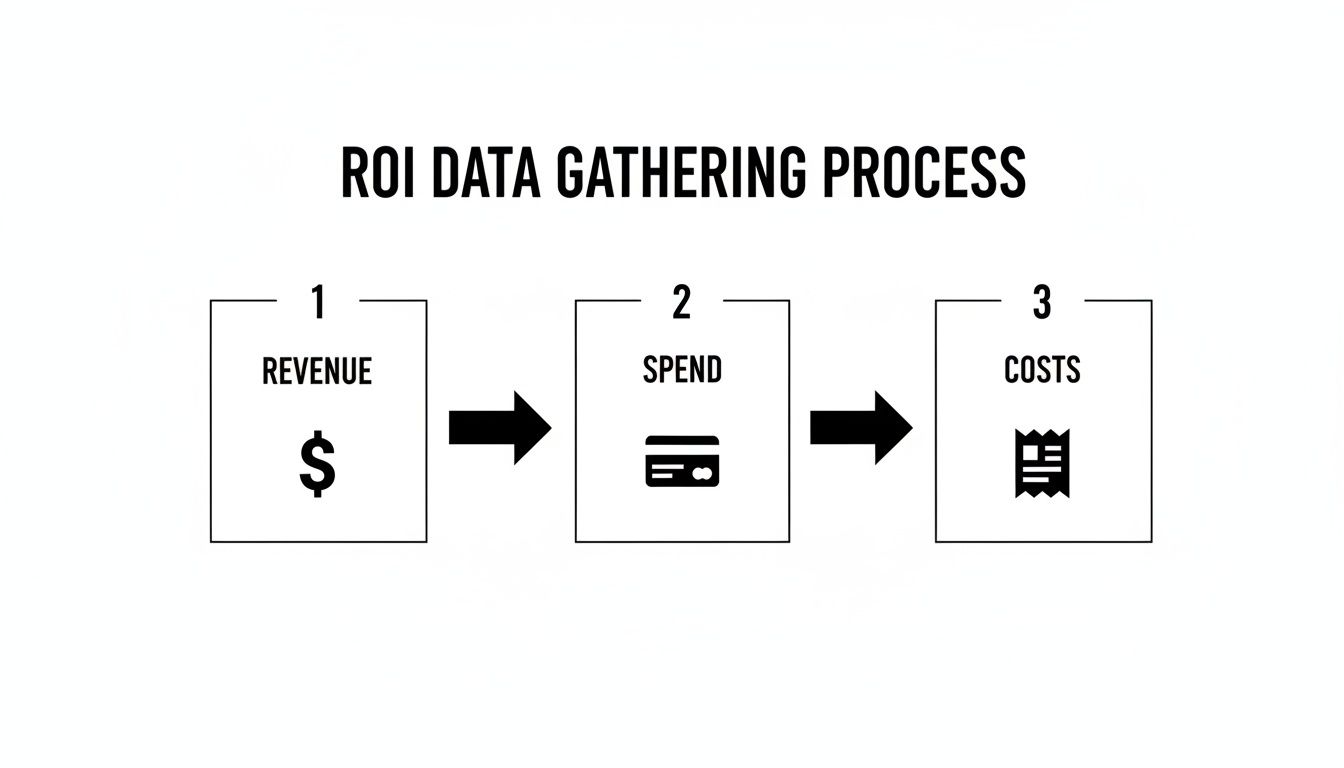 A flowchart illustrating the ROI data gathering process, showing sequential steps for revenue, spend, and costs.