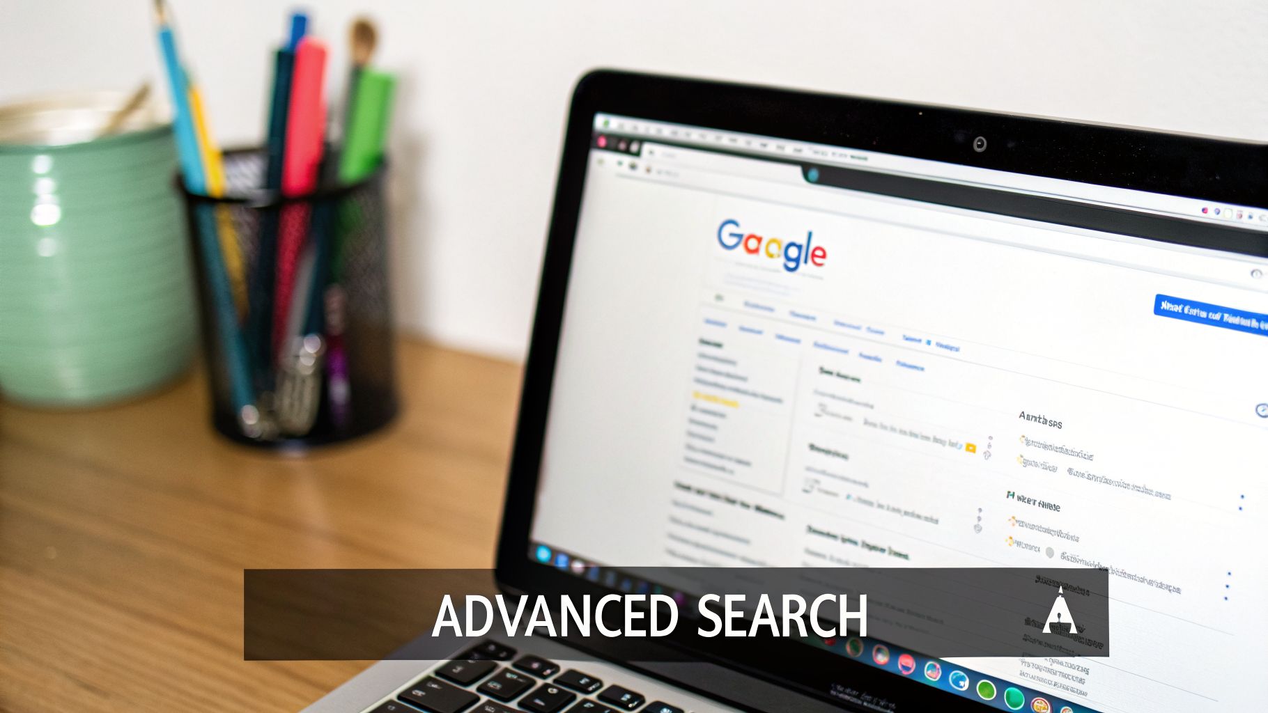 Laptop on a wooden desk displaying a search engine results page with an 'ADVANCED SEARCH' overlay.