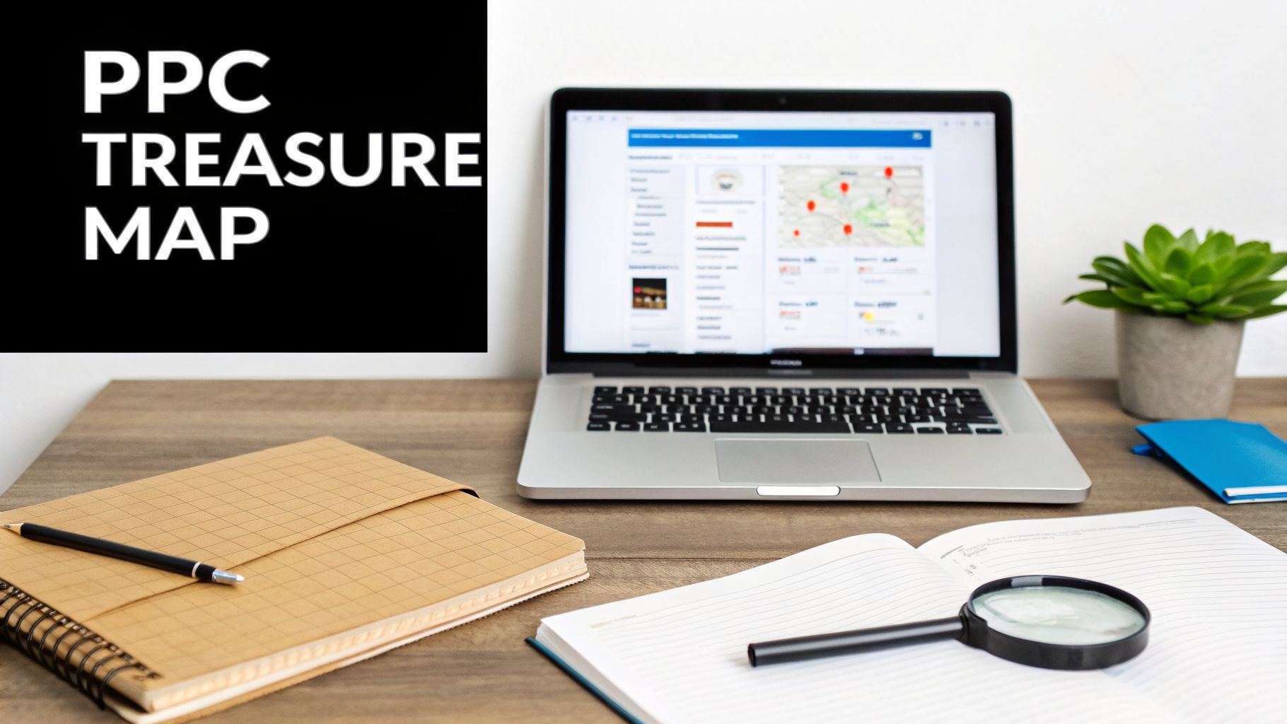 A laptop with a map on screen, a 'PPC TREASURE MAP' sign, and a magnifying glass on a notebook, suggesting digital marketing strategy.